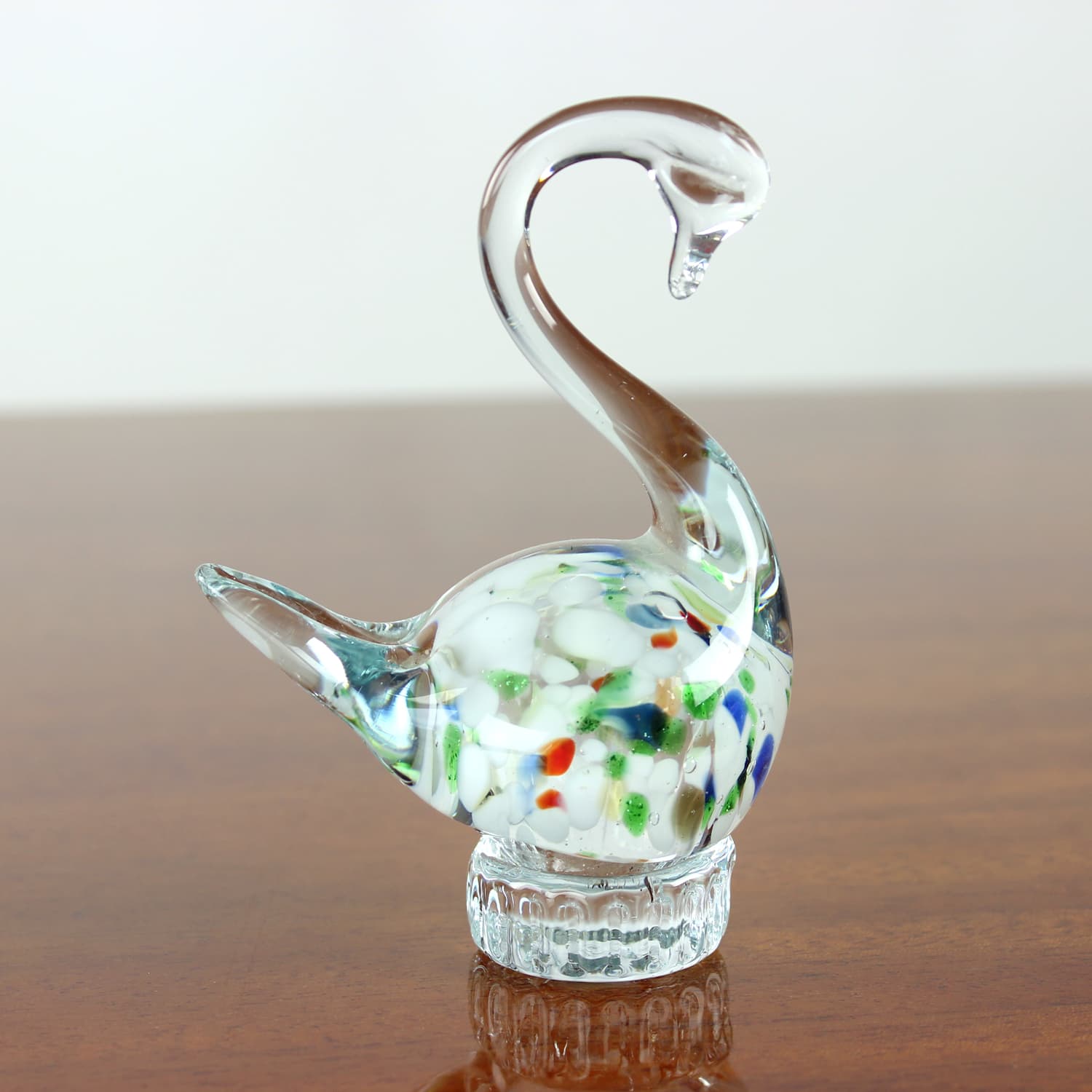 Swan figurine, clear glass, multicolour inclusions, Czechoslovakia, 1960s - 399872