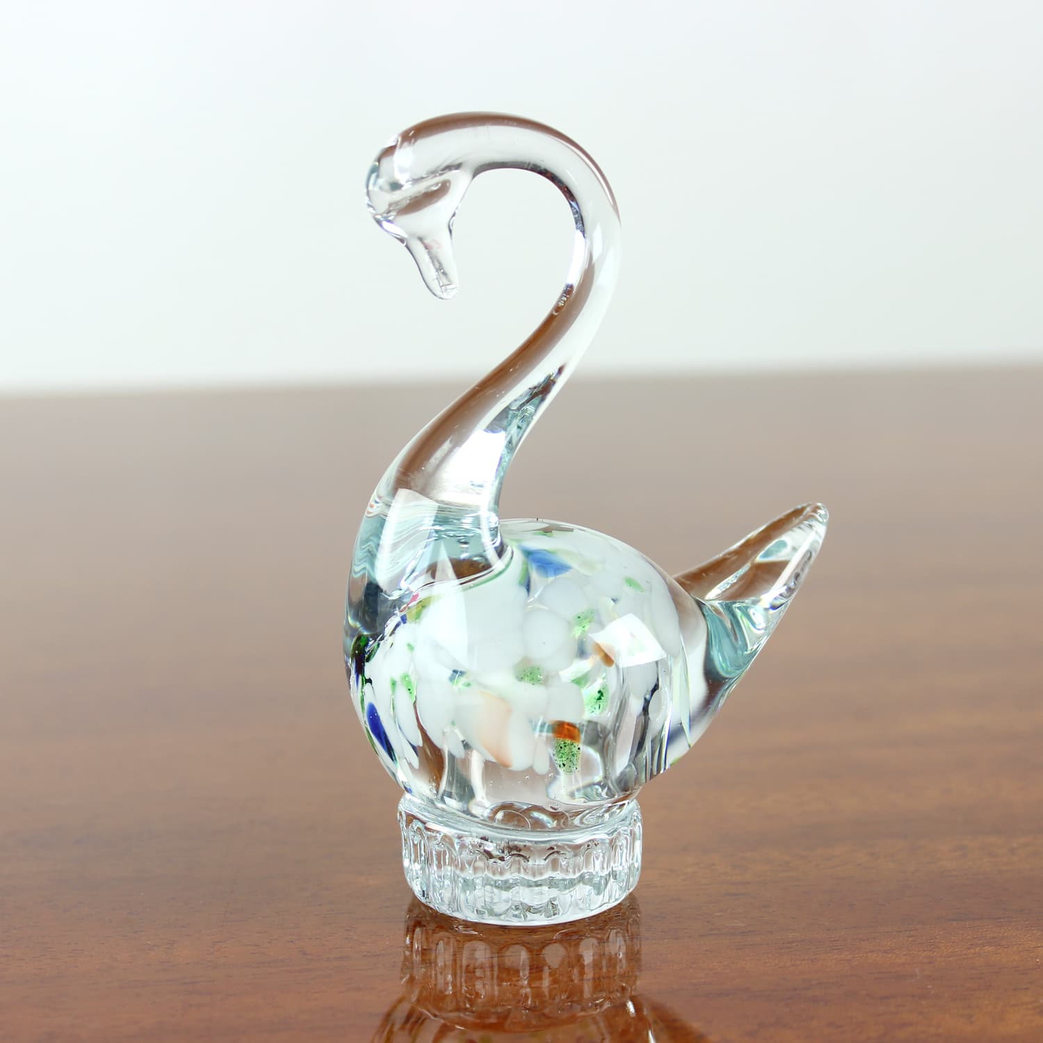 Swan figurine, clear glass, multicolour inclusions, Czechoslovakia, 1960s - 399875