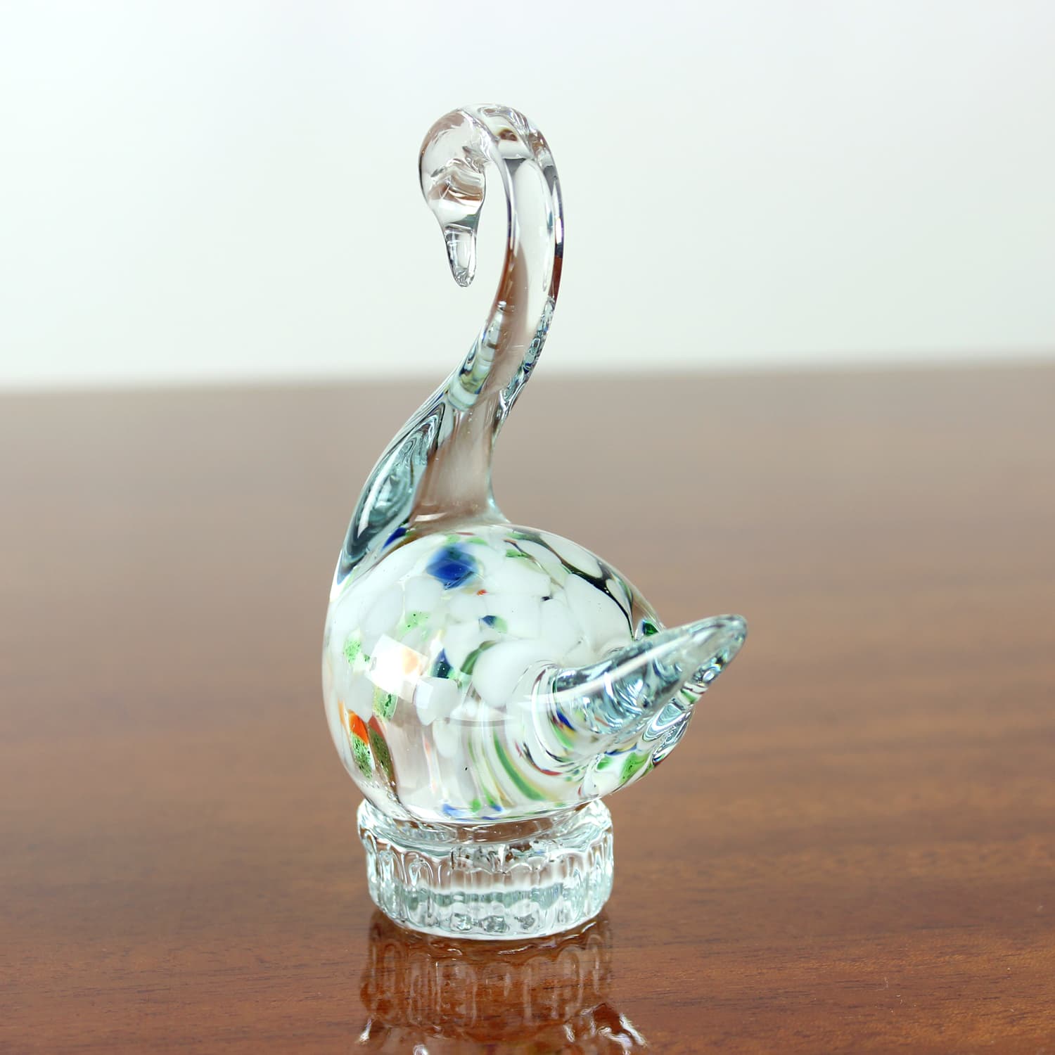 Swan figurine, clear glass, multicolour inclusions, Czechoslovakia, 1960s - 399876