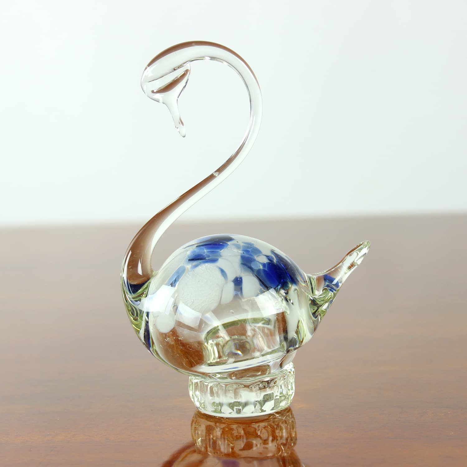 Swan figurine, clear blue white brown glass, Czechoslovakia, 1960s. - 399910