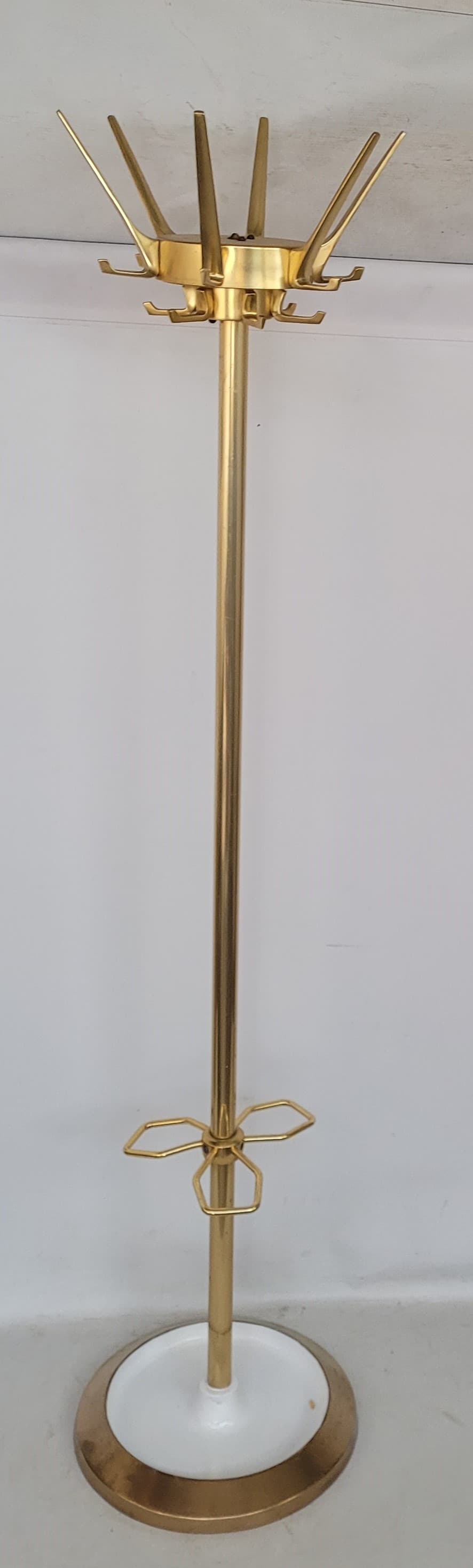 Wieszak podłogowy, złoty aluminium, biały żelazo, lata 60. - 399934
