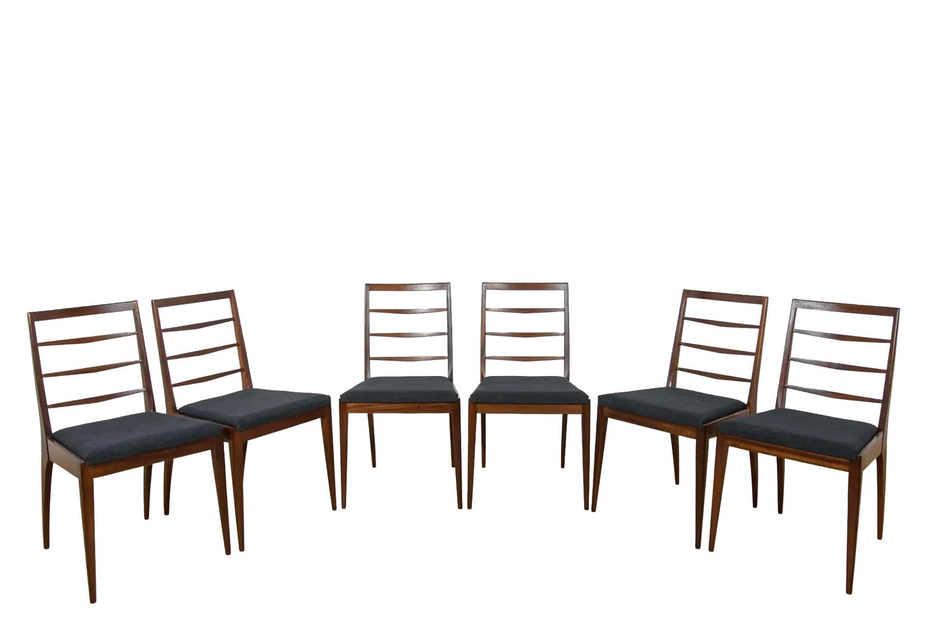 Zestaw sześciu krzeseł, teak brązowy, tkanina czarna, McIntosh, Wielka Brytania, lata 60.