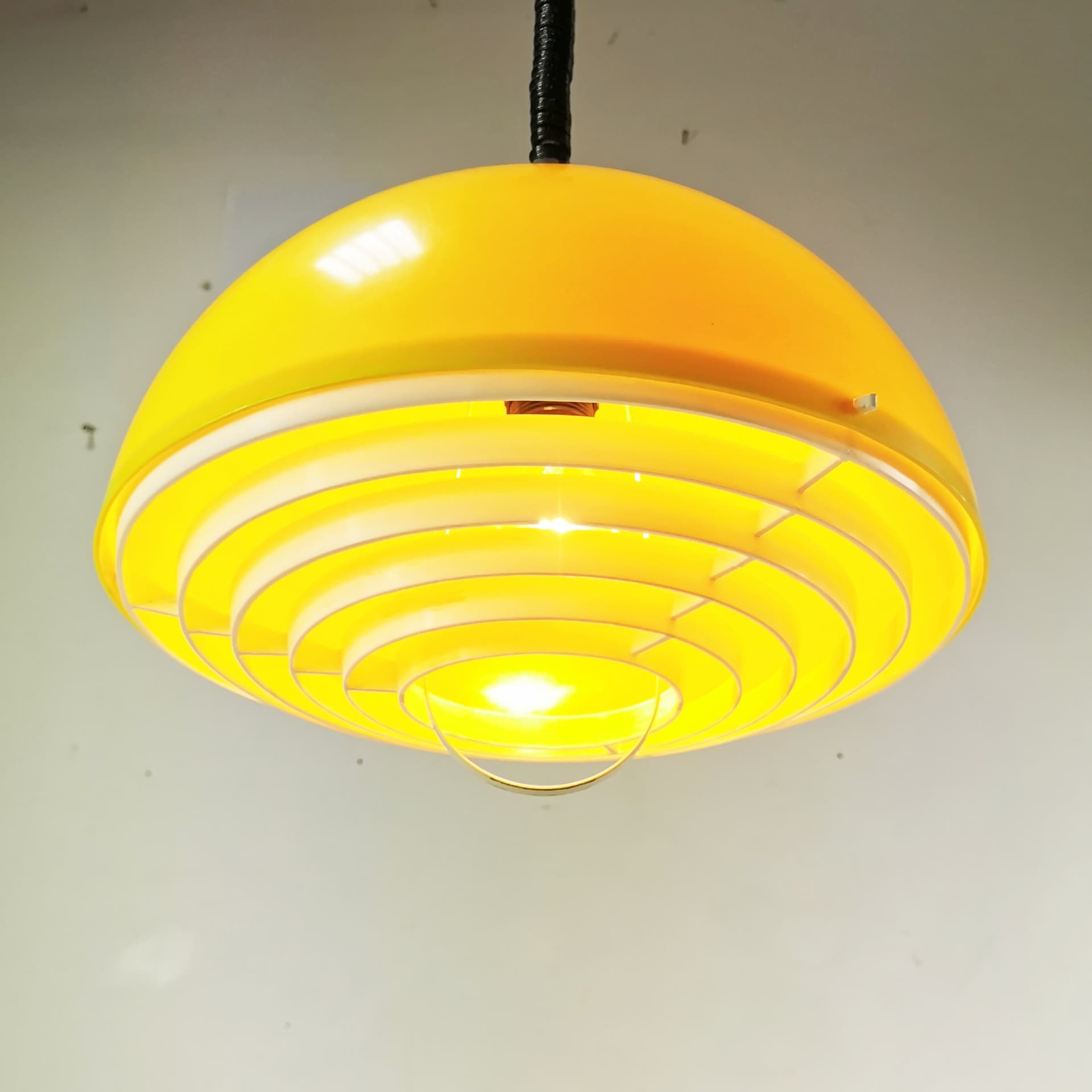 Pendant lamp Space Age, yellow white black, plastic metal, Polam, Poland, 1970s. - 400014