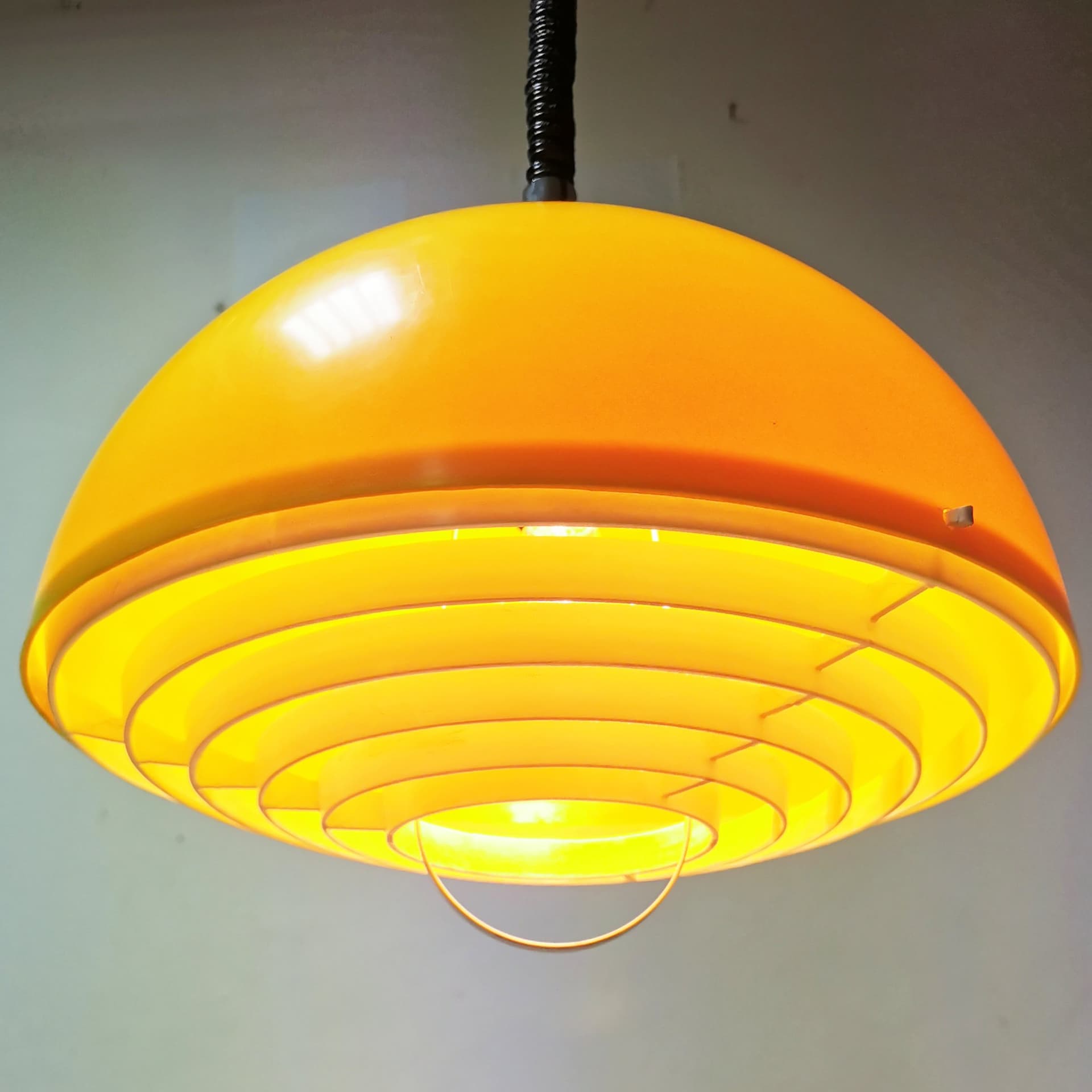 Pendant lamp Space Age, yellow white black, plastic metal, Polam, Poland, 1970s. - 400017
