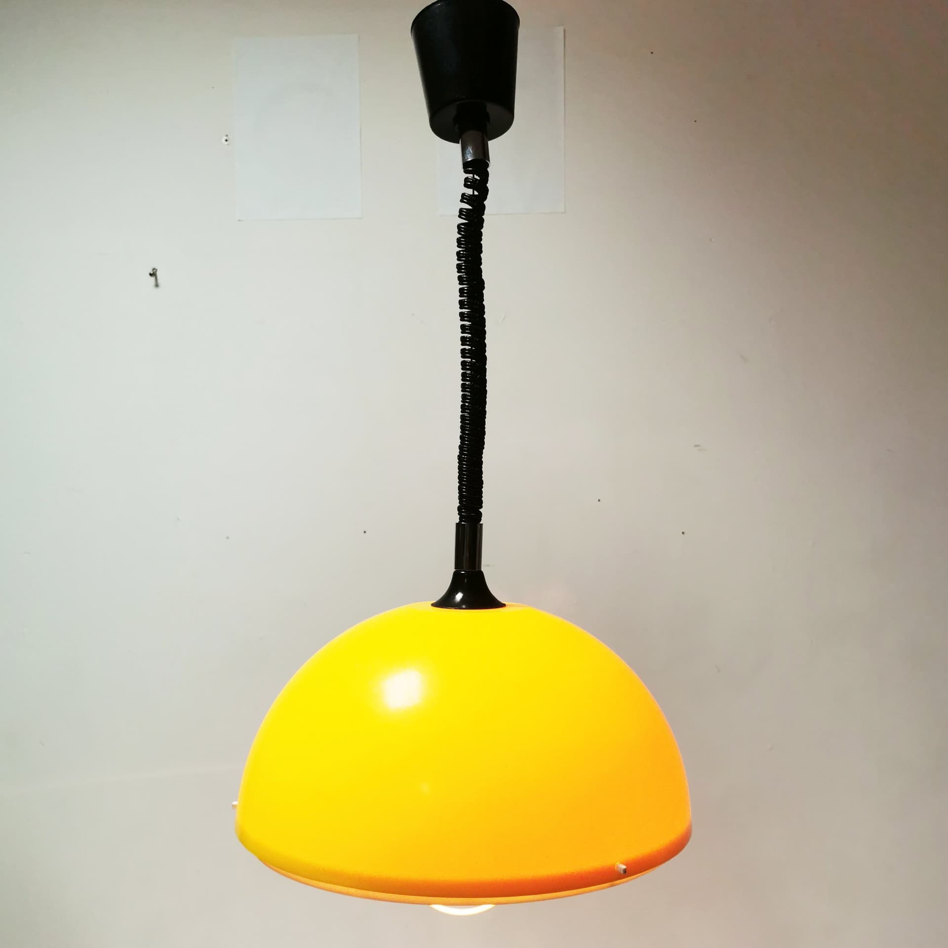 Pendant lamp Space Age, yellow white black, plastic metal, Polam, Poland, 1970s. - 400016