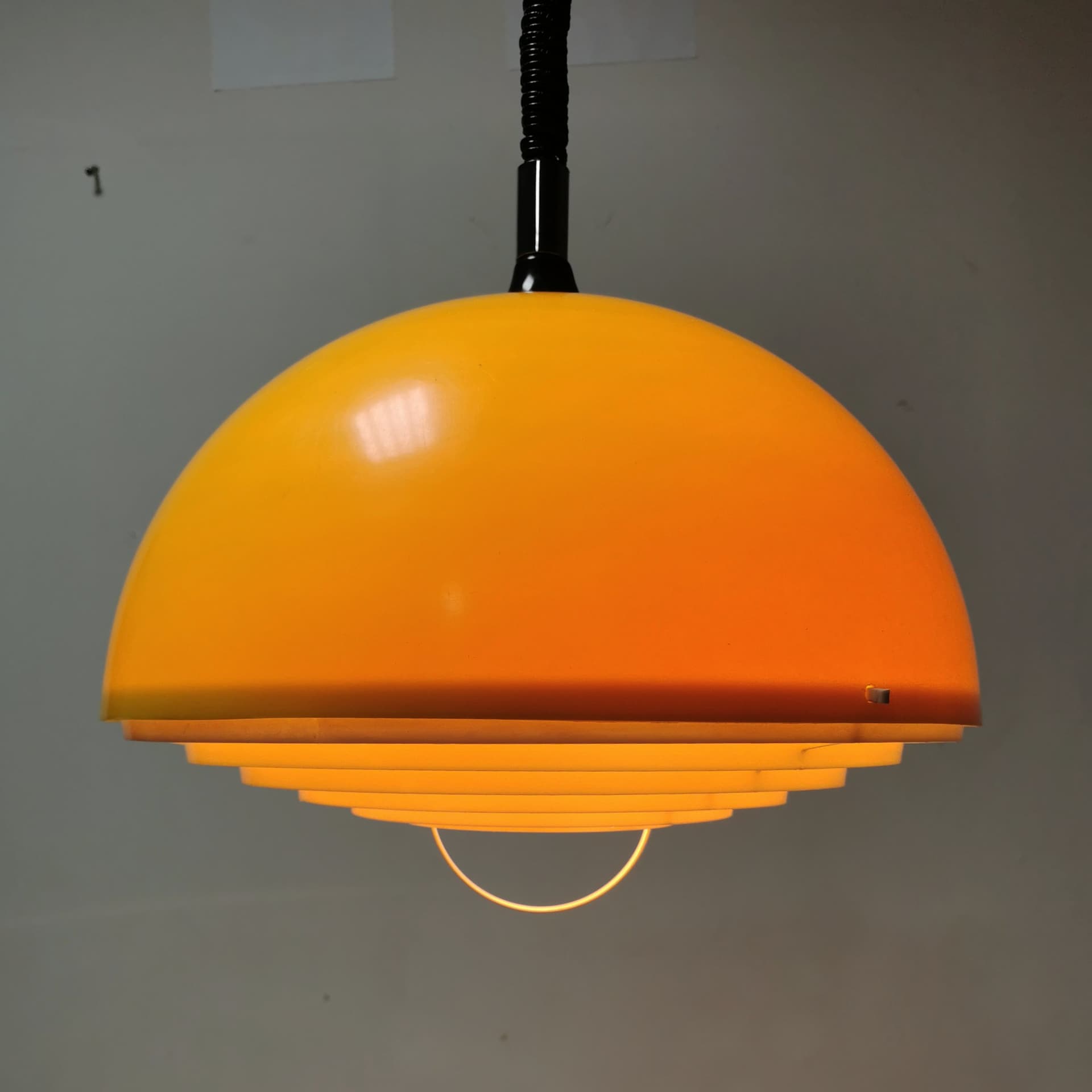 Pendant lamp Space Age, yellow white black, plastic metal, Polam, Poland, 1970s. - 400015