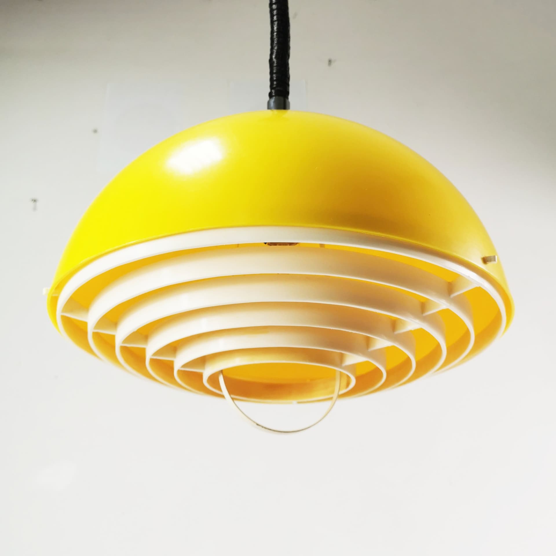 Pendant lamp Space Age, yellow white black, plastic metal, Polam, Poland, 1970s. - 400013