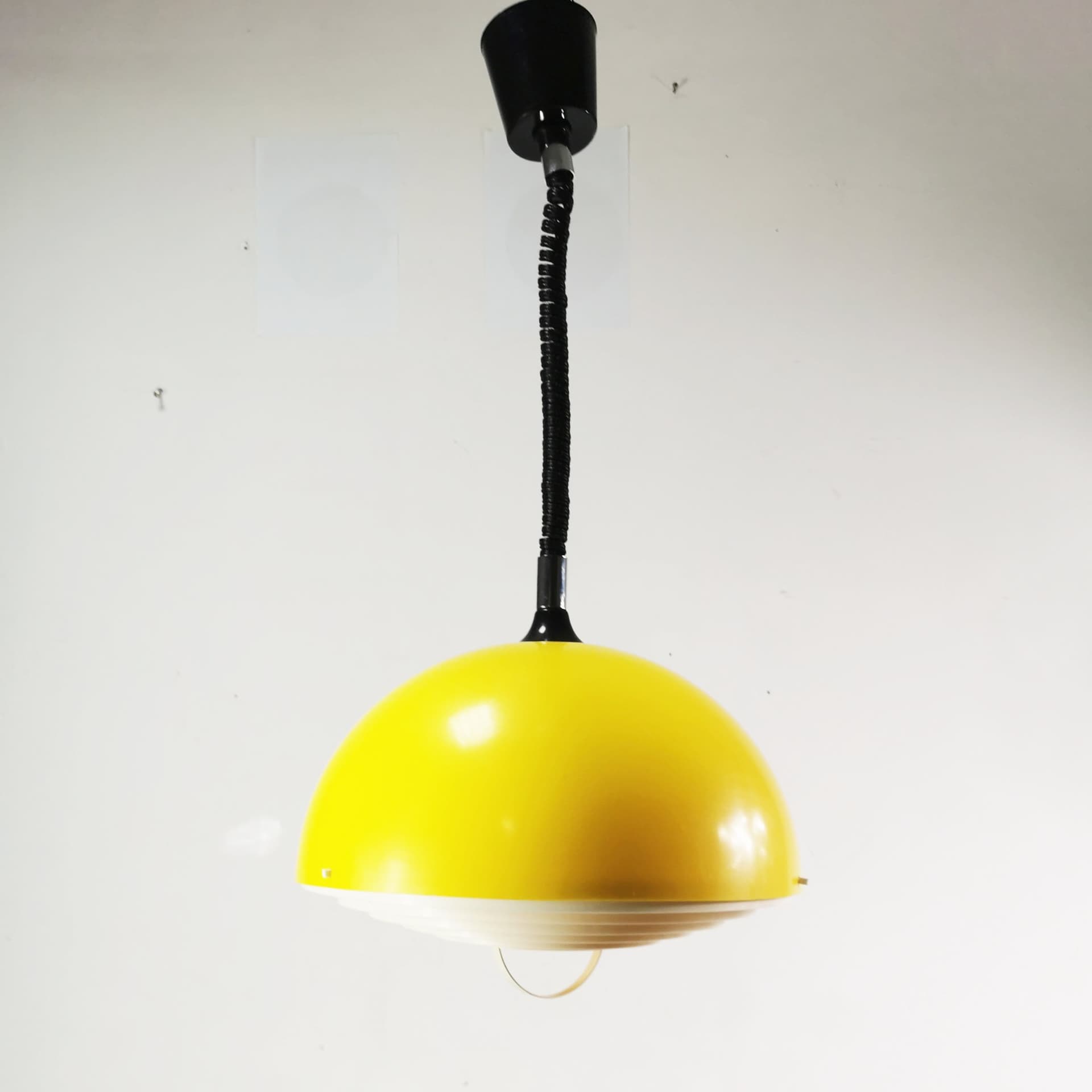 Pendant lamp Space Age, yellow white black, plastic metal, Polam, Poland, 1970s. - 400005
