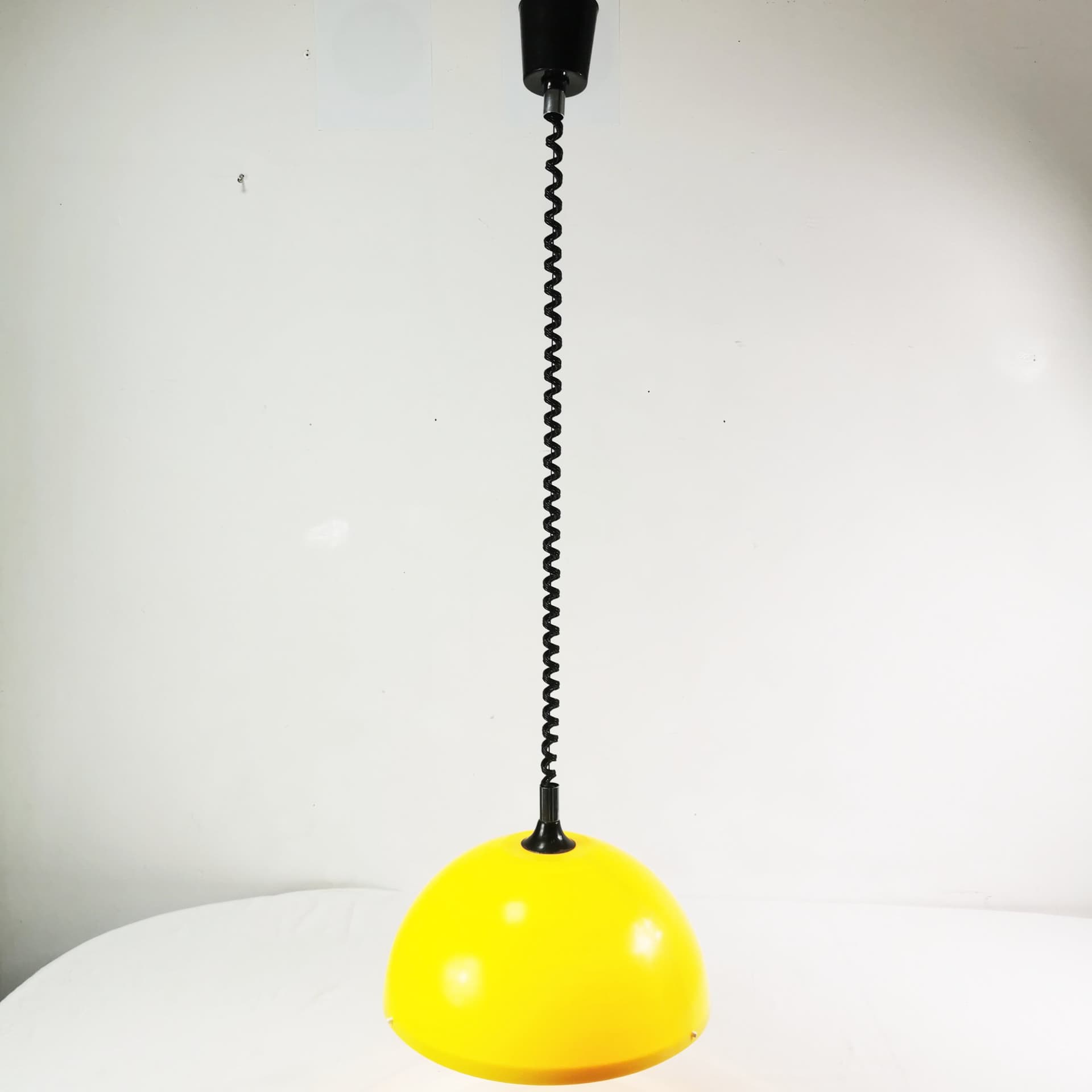 Pendant lamp Space Age, yellow white black, plastic metal, Polam, Poland, 1970s. - 400006