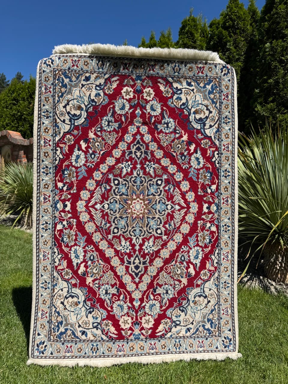 Dywan perski Nain 135x90 cm, czerwony, wełna kaszmirowa jedwab, Iran - 400078