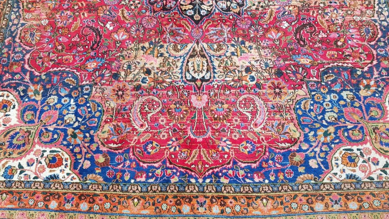 Carpet Meshed, 430x320 cm, red blue white gold green, wool, Iran, early 20th century - 400170