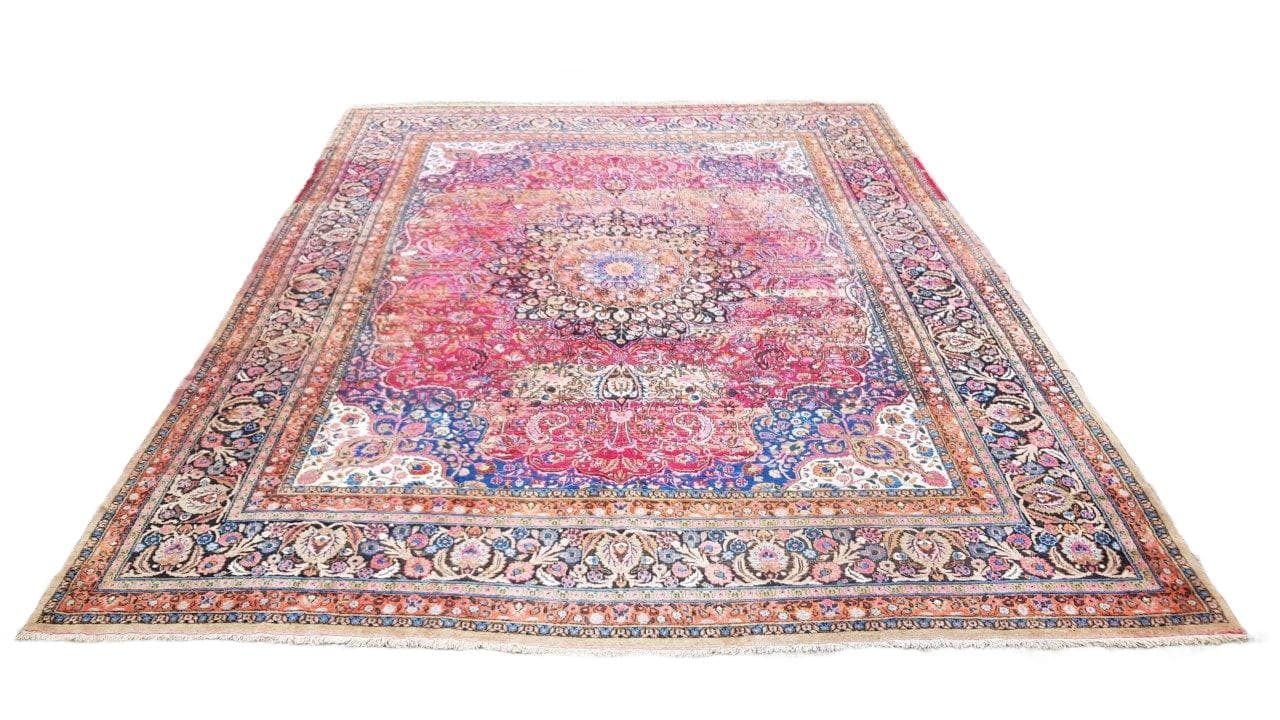 Carpet Meshed, 430x320 cm, red blue white gold green, wool, Iran, early 20th century
