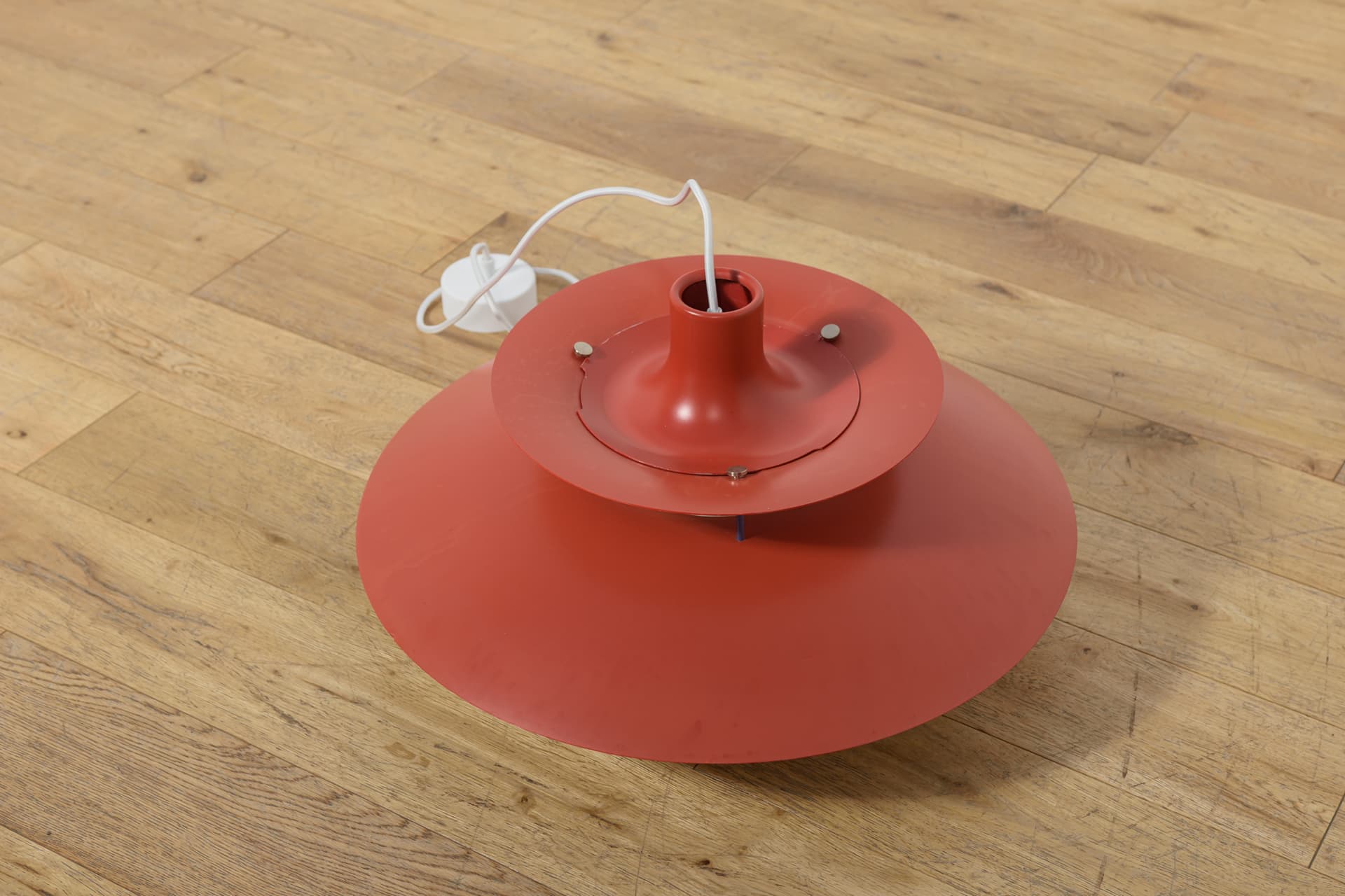 Pendant lamp PH5, red, aluminium, by P. Henningsen, Louis Poulsen, Denmark, 1960s. - 400377