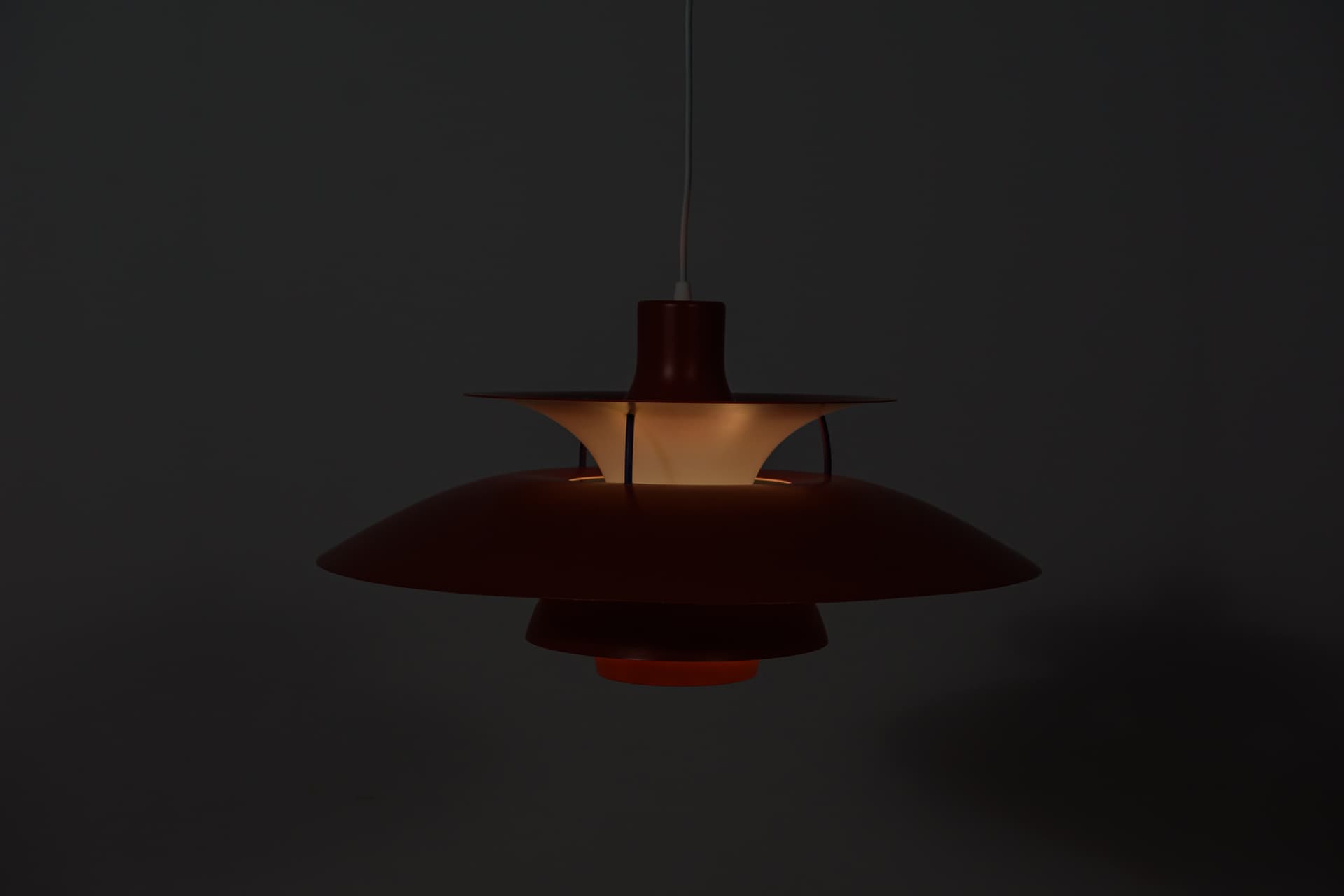 Pendant lamp PH5, red, aluminium, by P. Henningsen, Louis Poulsen, Denmark, 1960s. - 400383
