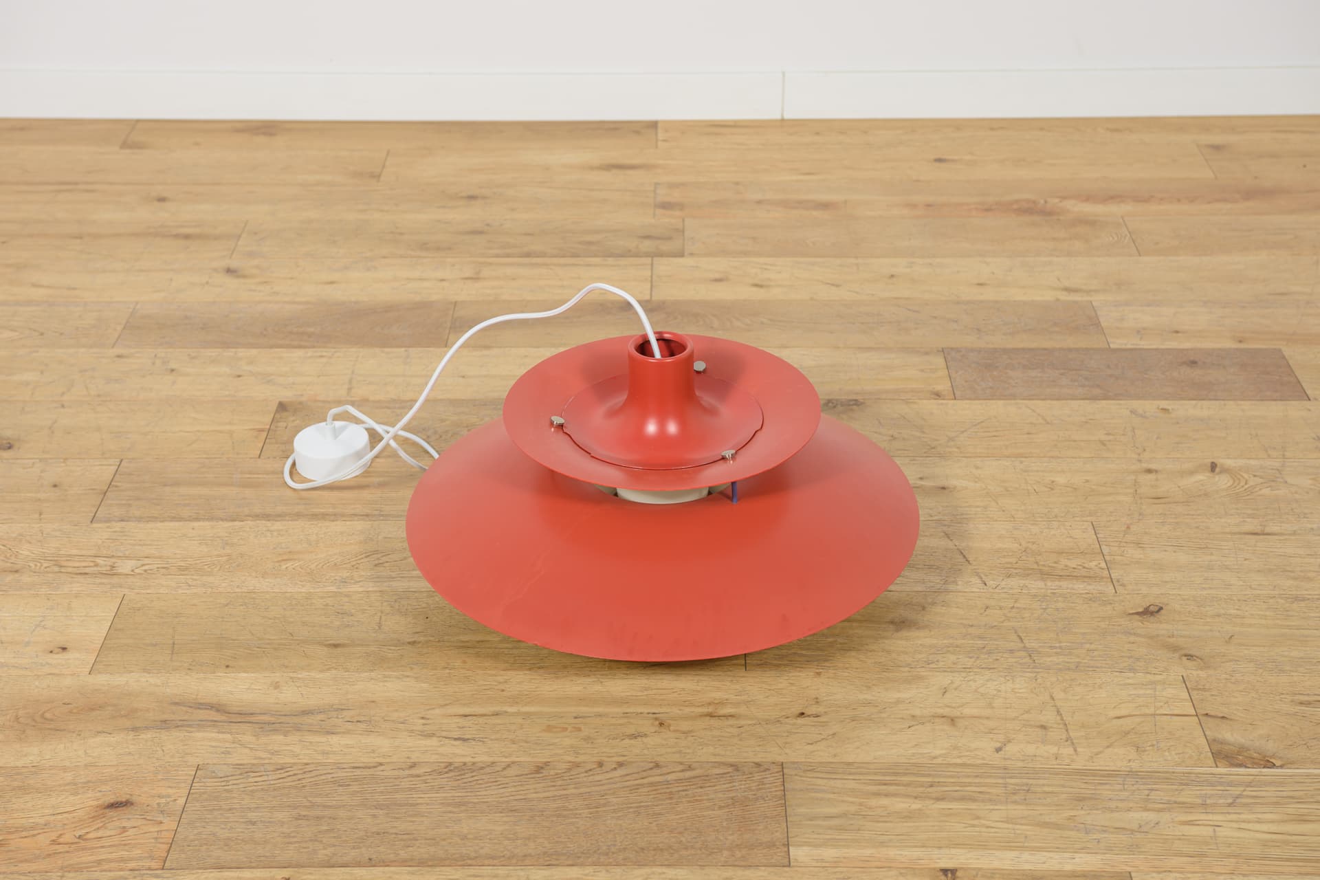 Pendant lamp PH5, red, aluminium, by P. Henningsen, Louis Poulsen, Denmark, 1960s. - 400376