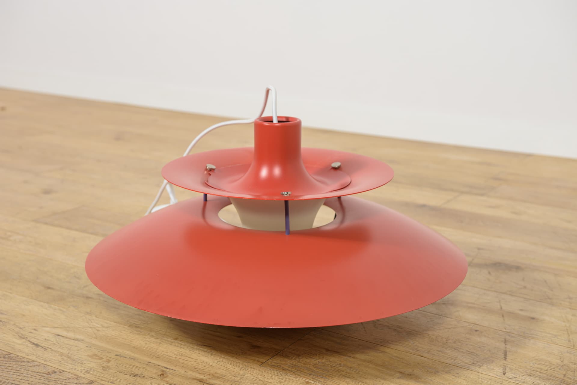 Pendant lamp PH5, red, aluminium, by P. Henningsen, Louis Poulsen, Denmark, 1960s. - 400378