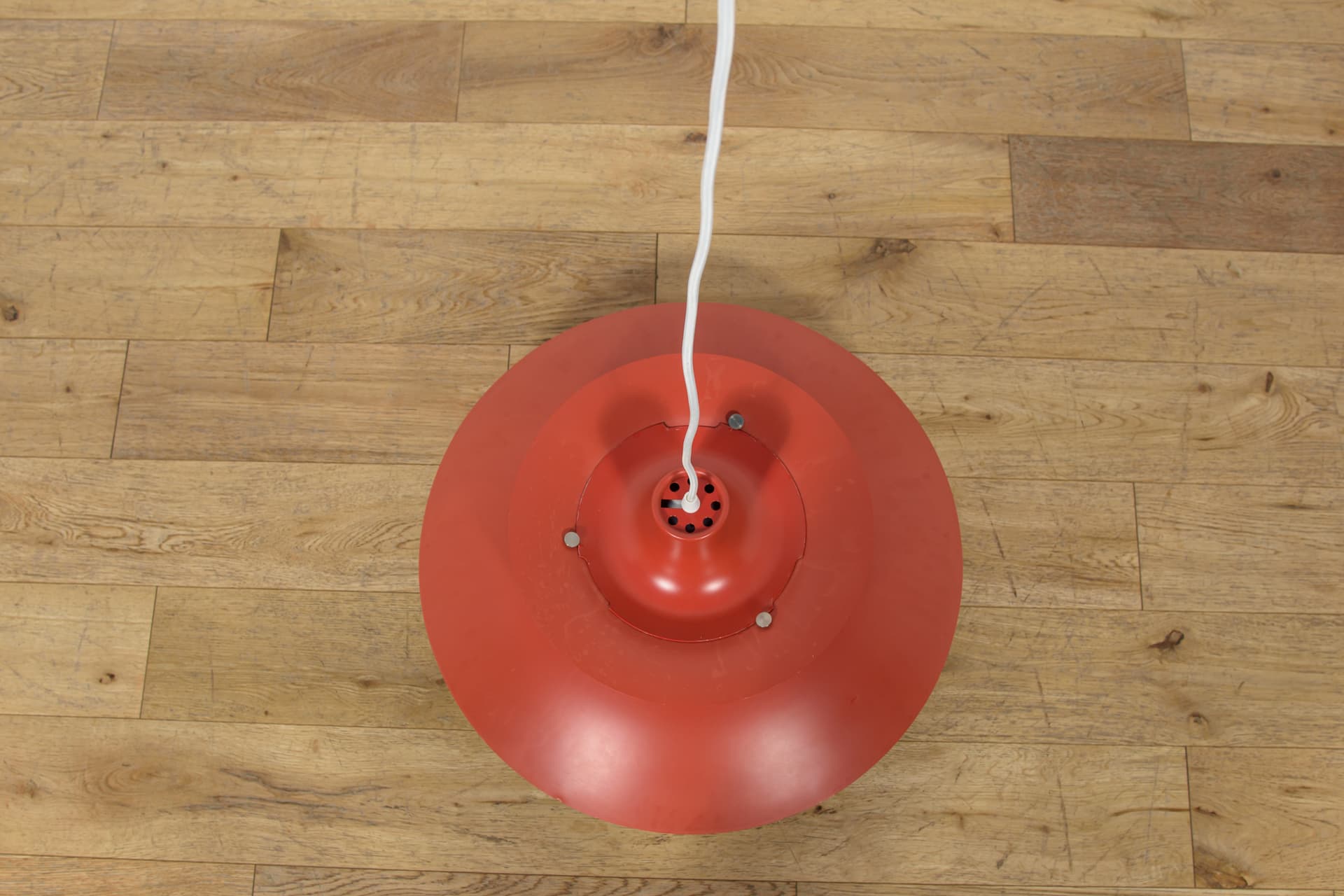 Pendant lamp PH5, red, aluminium, by P. Henningsen, Louis Poulsen, Denmark, 1960s. - 400379