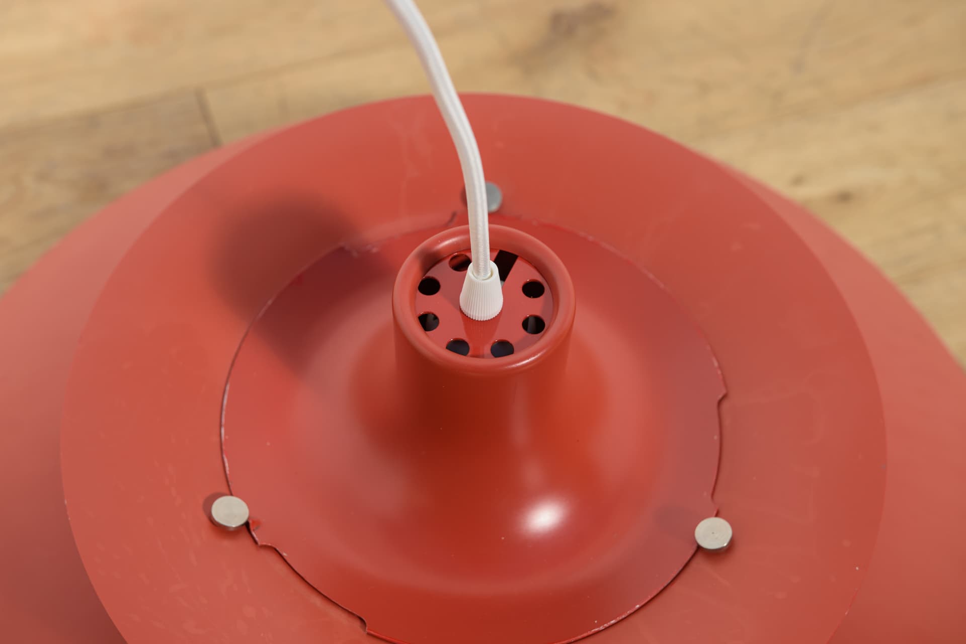 Pendant lamp PH5, red, aluminium, by P. Henningsen, Louis Poulsen, Denmark, 1960s. - 400384