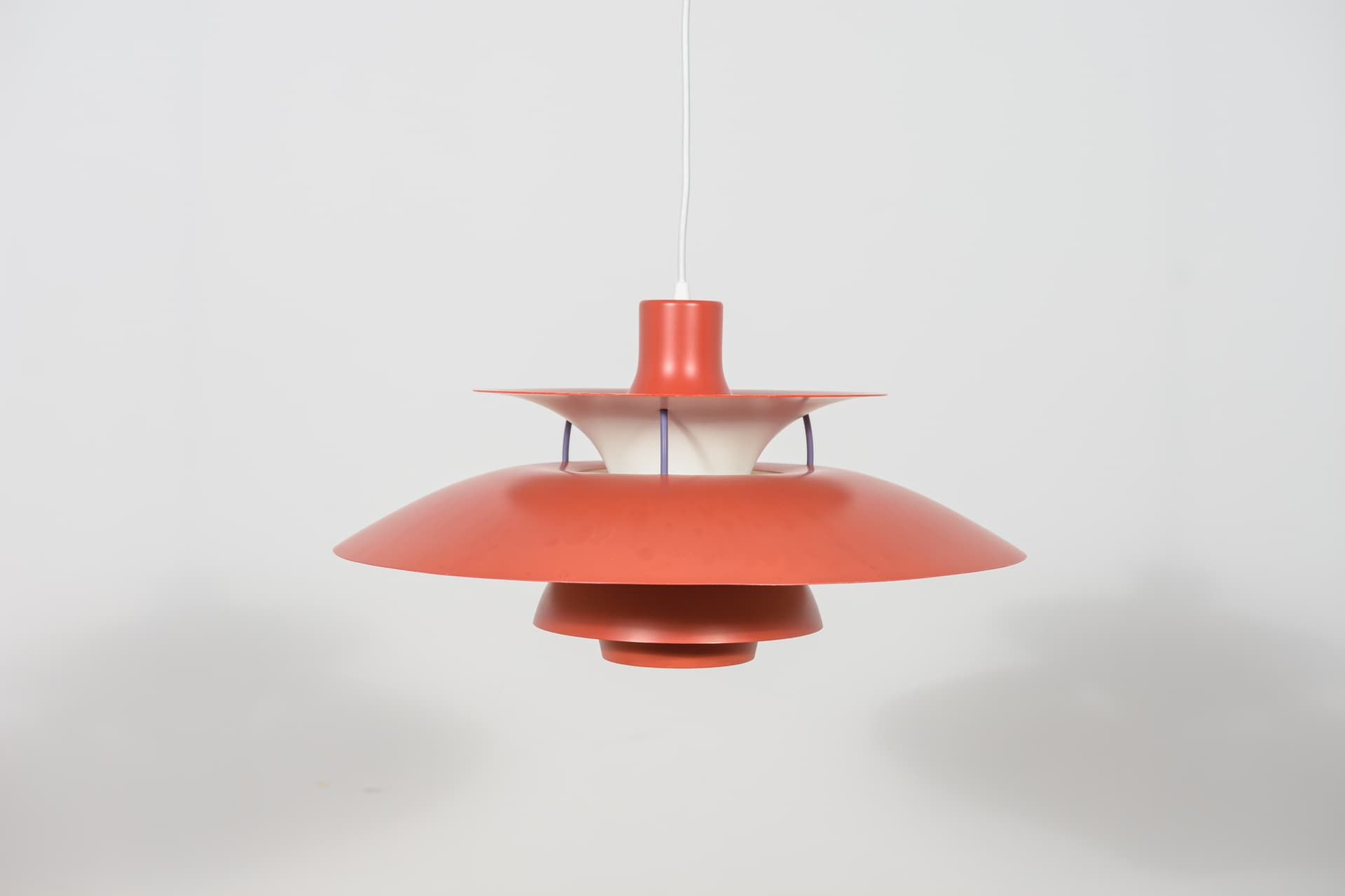 Pendant lamp PH5, red, aluminium, by P. Henningsen, Louis Poulsen, Denmark, 1960s. - 400375