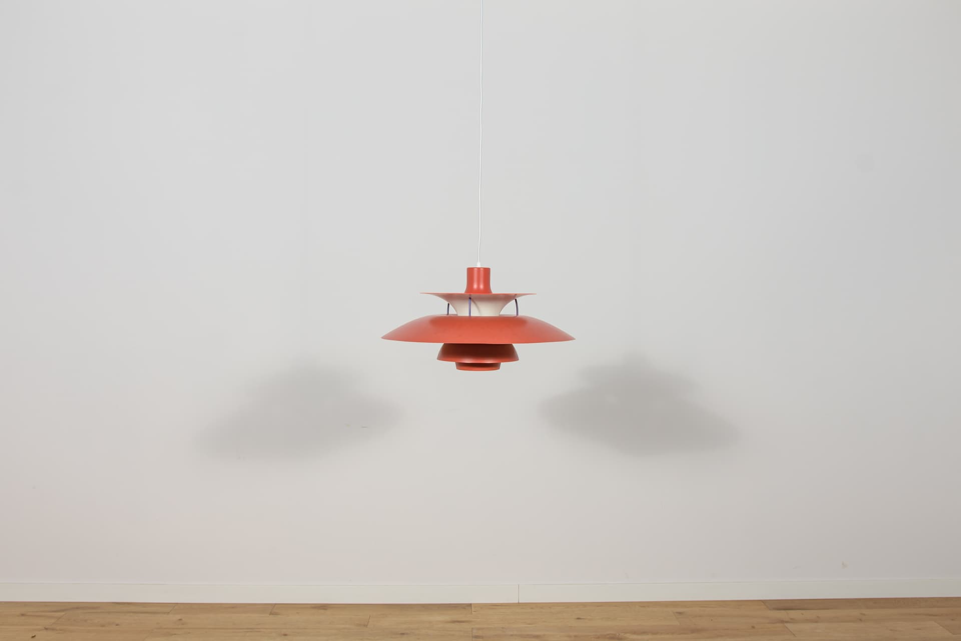 Pendant lamp PH5, red, aluminium, by P. Henningsen, Louis Poulsen, Denmark, 1960s. - 400382