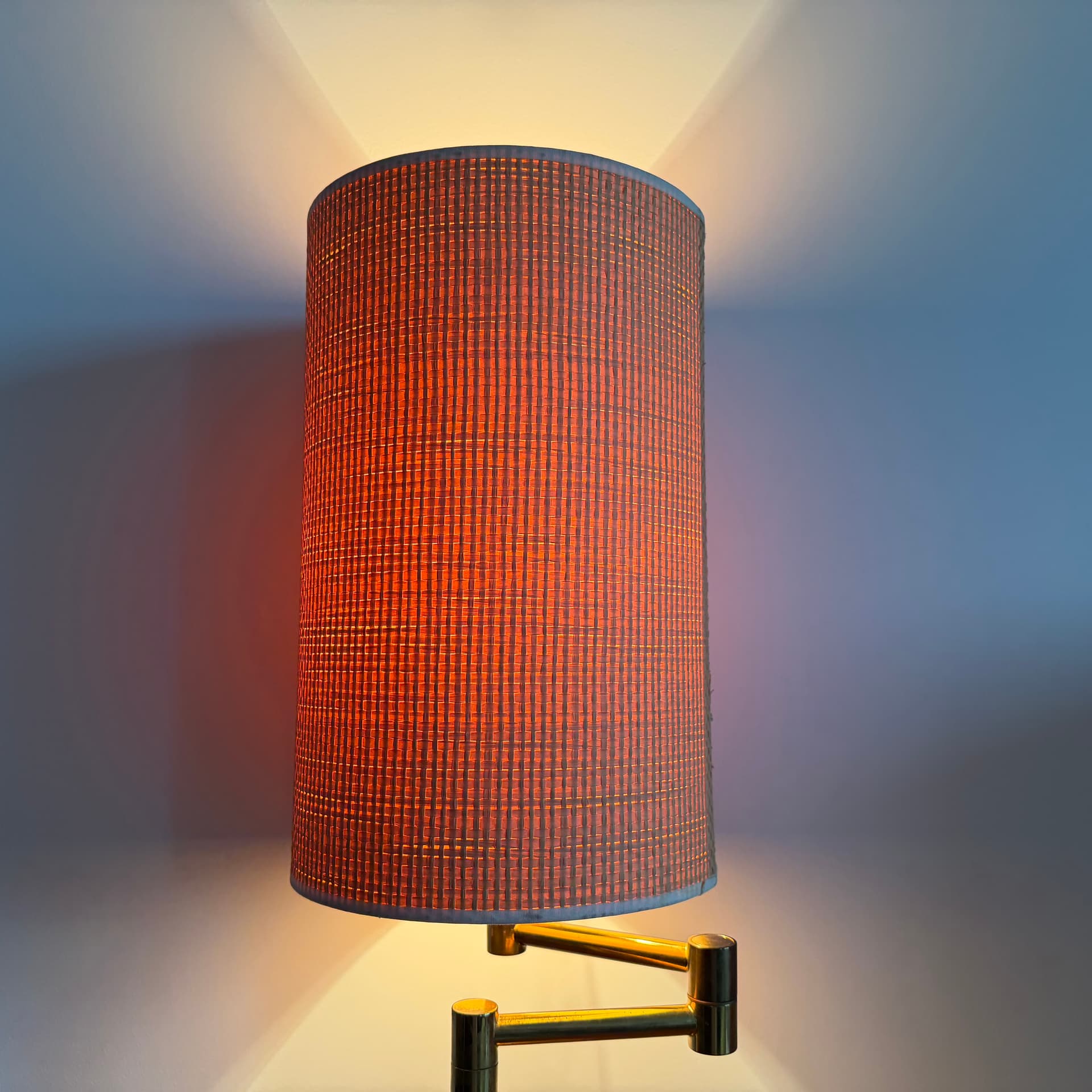Table Lamp, gold brass, beige rattan, Germany, 1970s. - 400626