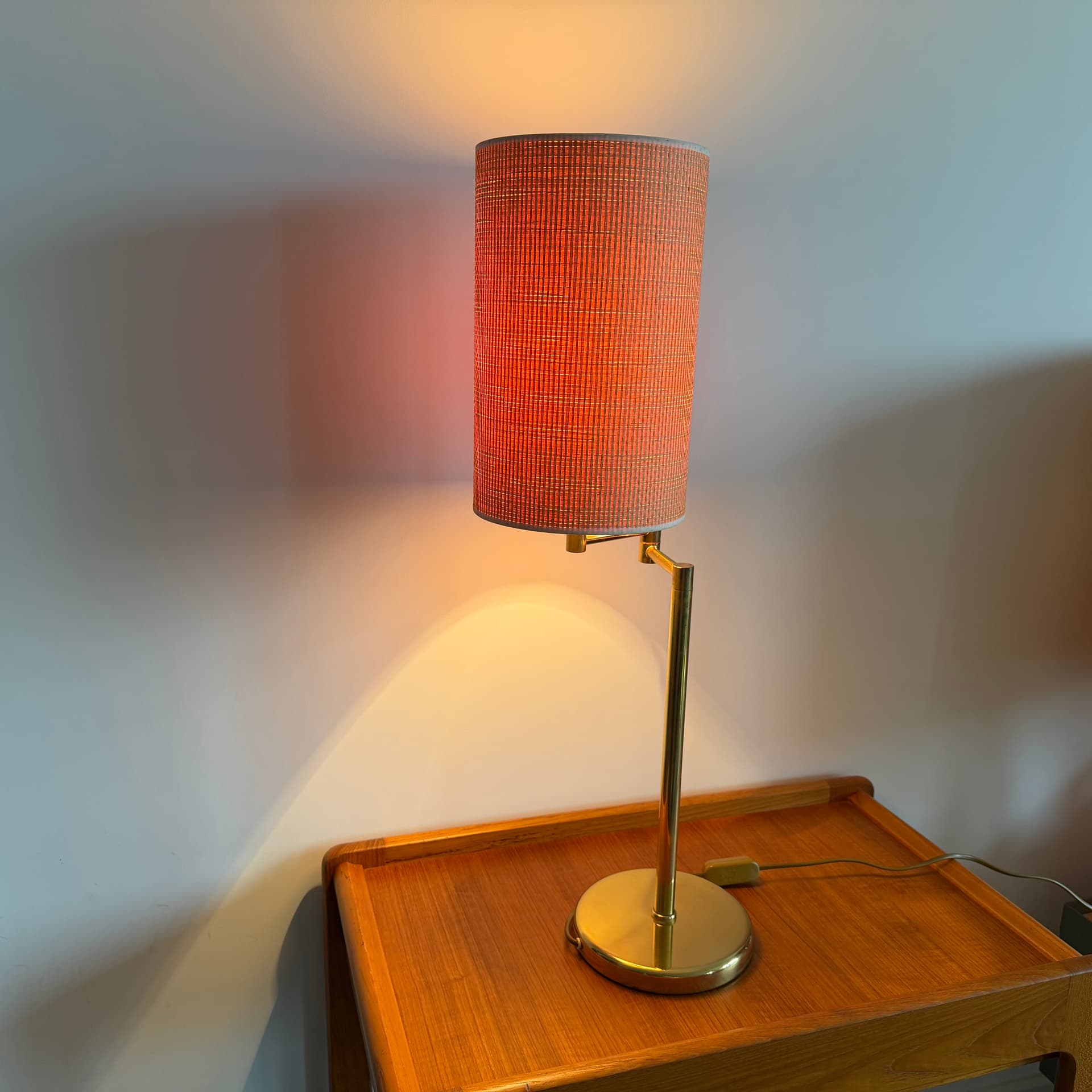 Table Lamp, gold brass, beige rattan, Germany, 1970s. - 400614