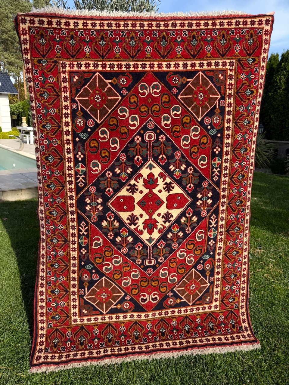 Dywan Ziegler Kazak, 200x130 cm, czerwony niebieski biały zielony złoty czarny, wełna, Pakistan - 400667