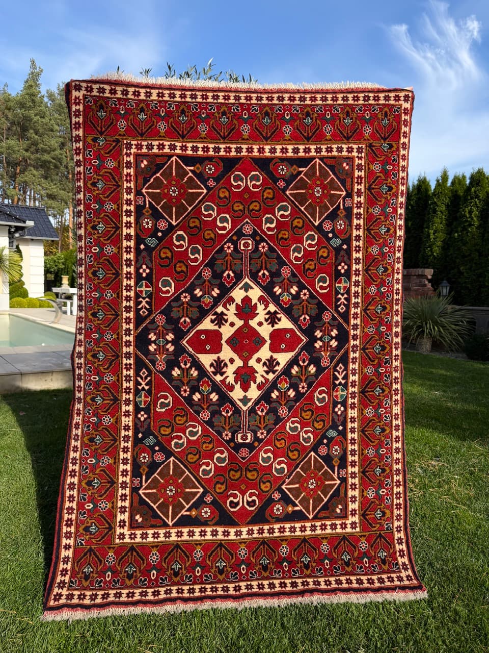 Dywan Ziegler Kazak, 200x130 cm, czerwony niebieski biały zielony złoty czarny, wełna, Pakistan - 400665