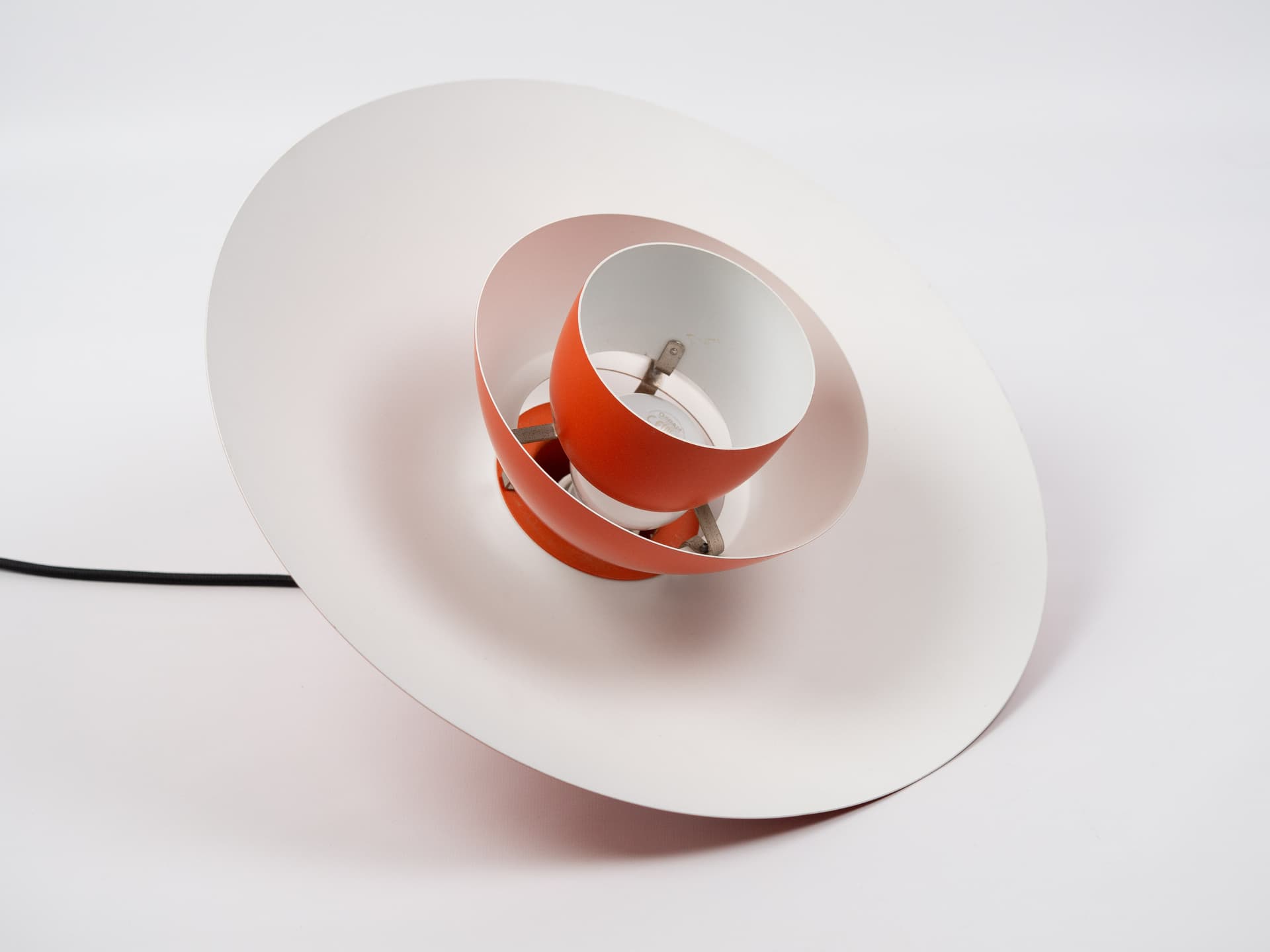 Pendant lamp PH 4/3, red orange, aluminium, by P. Henningsen, Louis Poulsen, Denmark, 1970s. - 400745