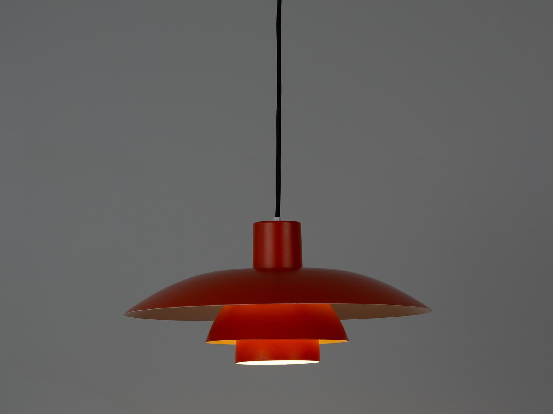 Pendant lamp PH 4/3, red orange, aluminium, by P. Henningsen, Louis Poulsen, Denmark, 1970s. - 400742