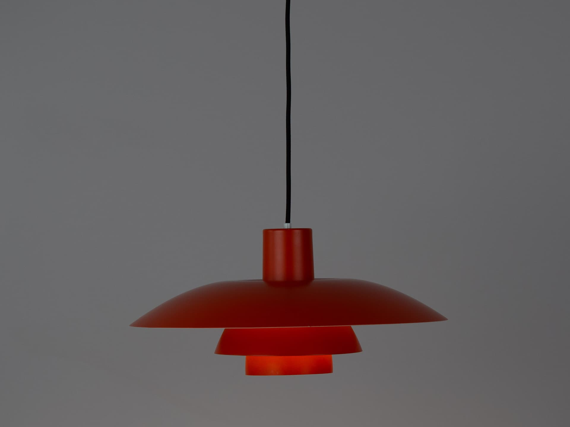Pendant lamp PH 4/3, red orange, aluminium, by P. Henningsen, Louis Poulsen, Denmark, 1970s. - 400741