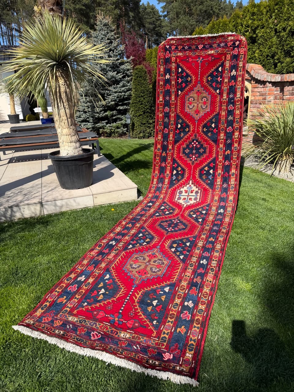 Chodnik Hamadan Kazak 440x115 cm, czerwony, wełna, Iran - 400905