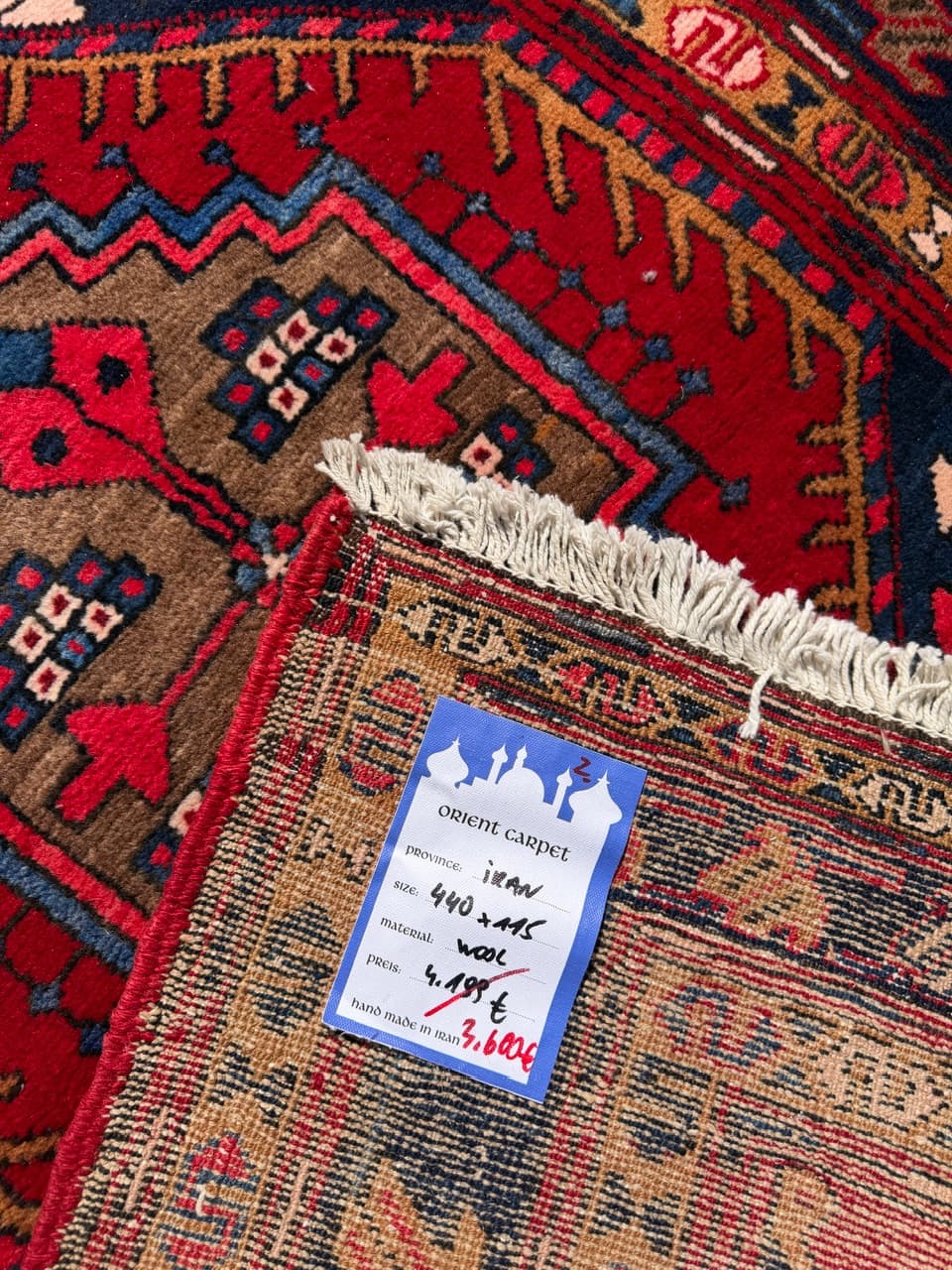 Chodnik Hamadan Kazak 440x115 cm, czerwony, wełna, Iran - 400901