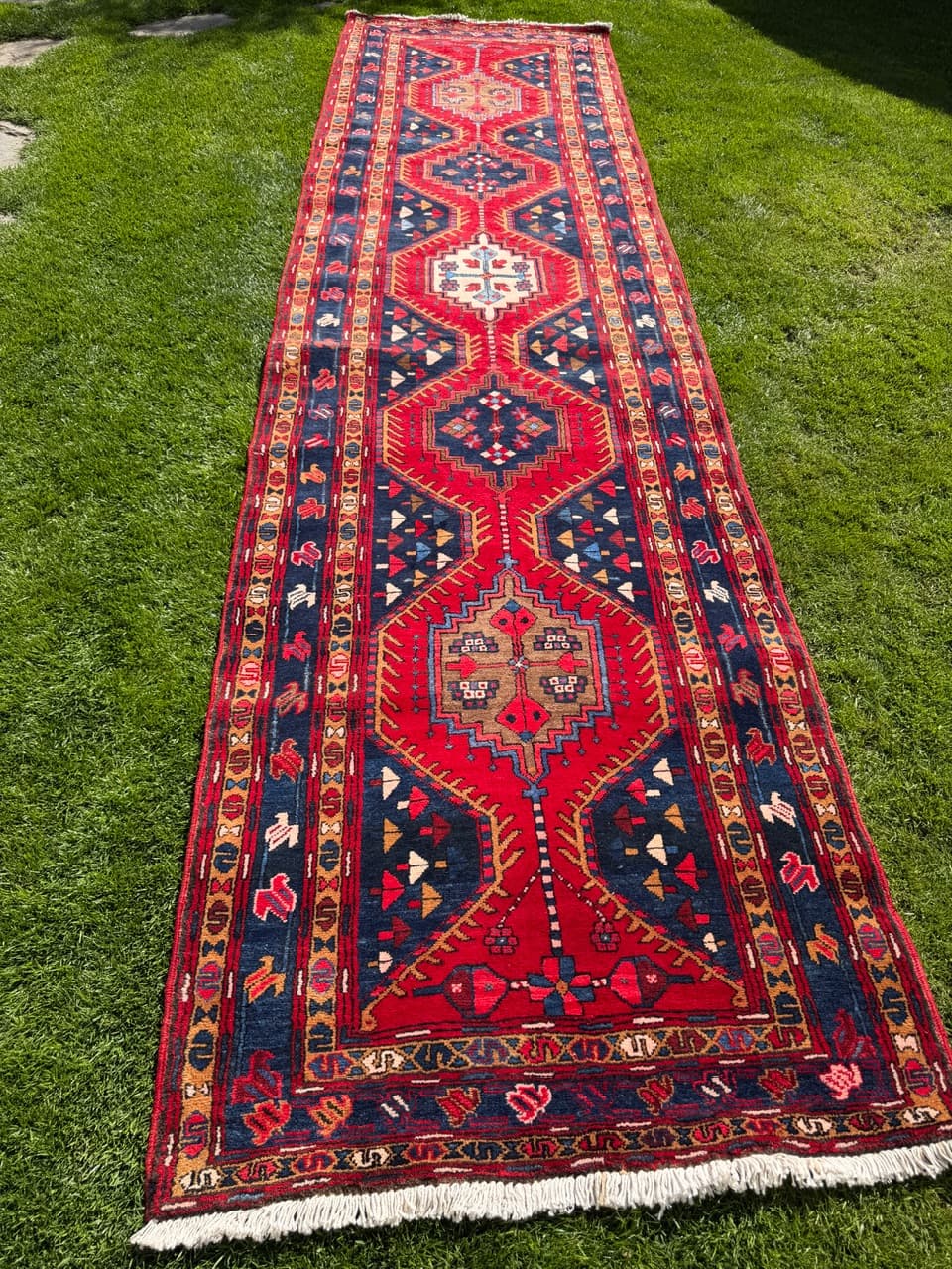Chodnik Hamadan Kazak 440x115 cm, czerwony, wełna, Iran - 400902