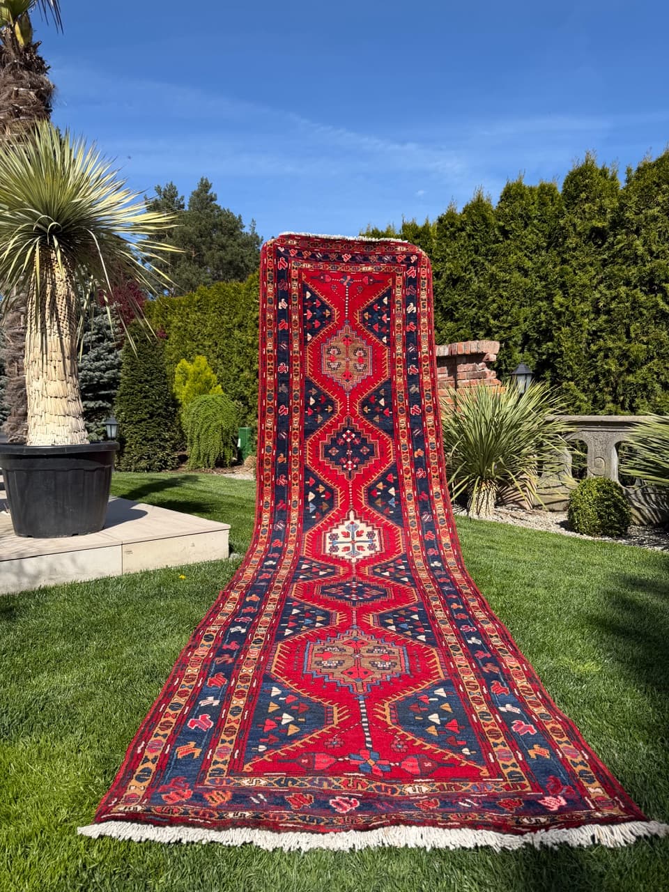Chodnik Hamadan Kazak 440x115 cm, czerwony, wełna, Iran - 400906