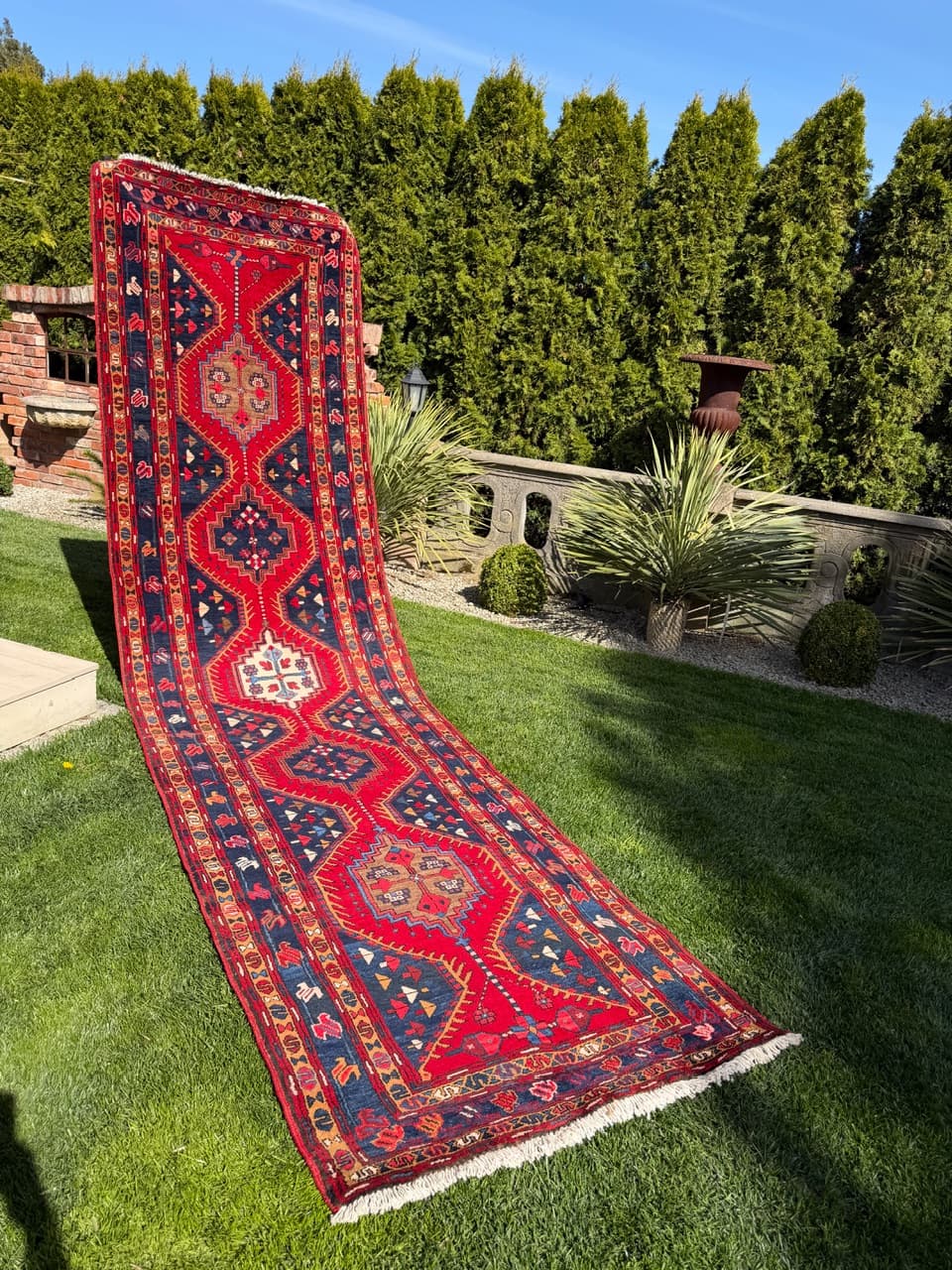 Chodnik Hamadan Kazak 440x115 cm, czerwony, wełna, Iran - 400907