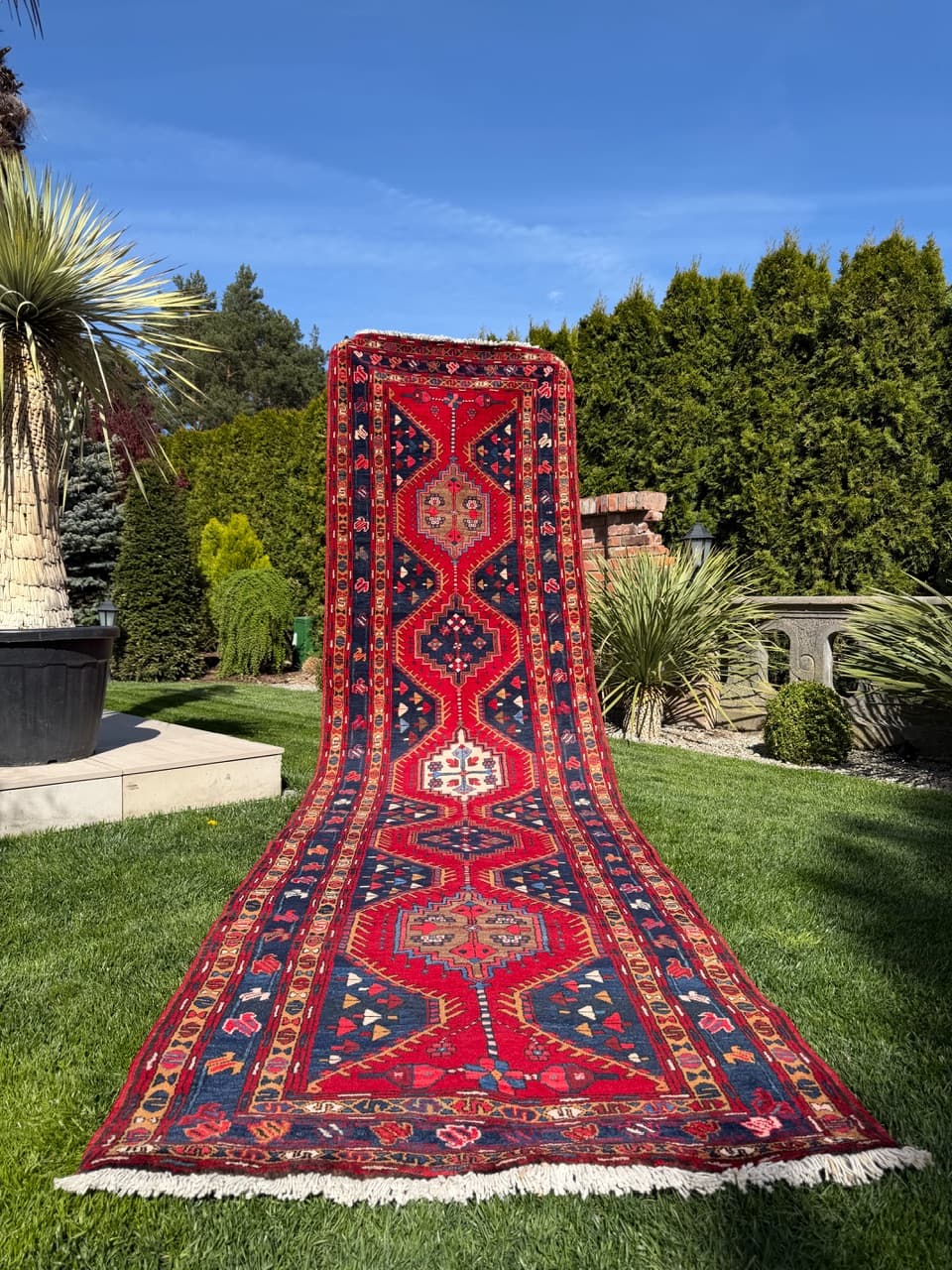 Chodnik Hamadan Kazak 440x115 cm, czerwony, wełna, Iran - 400911