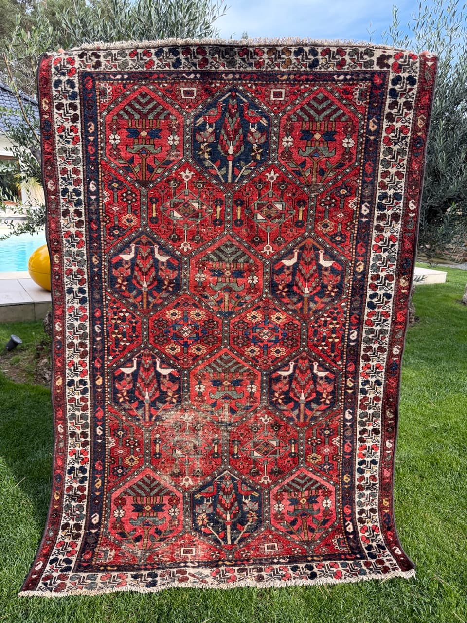 Rug Hamadan Bahtiari 200x131cm, red blue white, wool, Iran, 1930s. - 400919