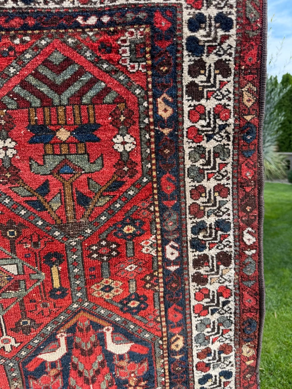 Rug Hamadan Bahtiari 200x131cm, red blue white, wool, Iran, 1930s. - 400926