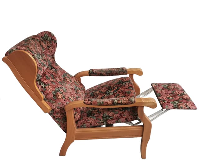Reclining wingback armchair, pink floral fabric, light brown wood, 1990s. - DIMENSION