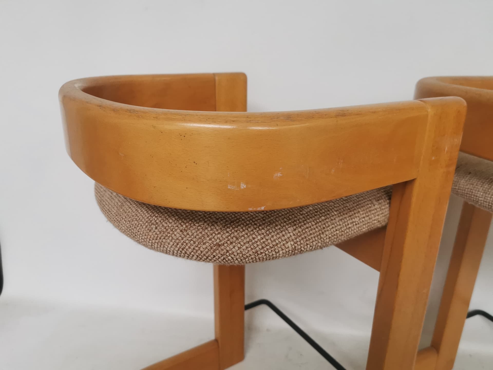 Pair of bar stools, brown beige, wood fabric, 1980s. - 401042