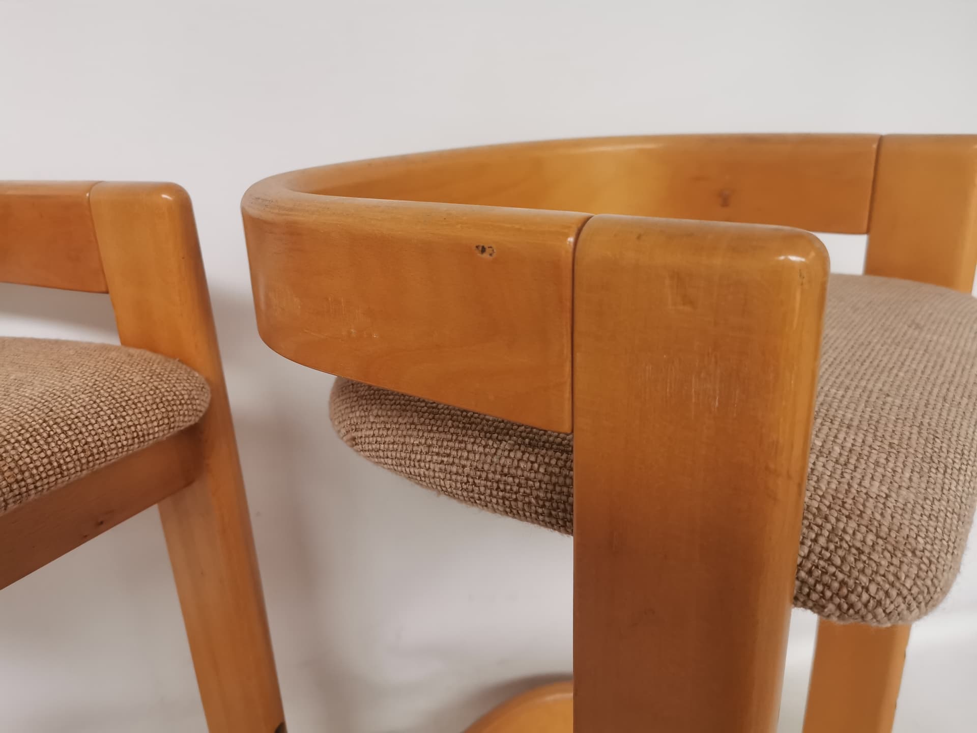 Pair of bar stools, brown beige, wood fabric, 1980s. - 401037