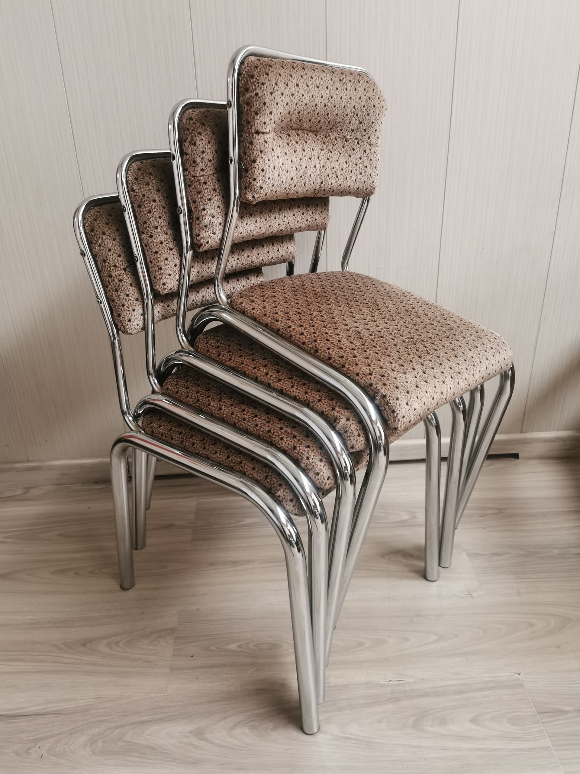 Chair Bauhaus, brown beige black fabric, silver chromed steel, 1980s. - 401061