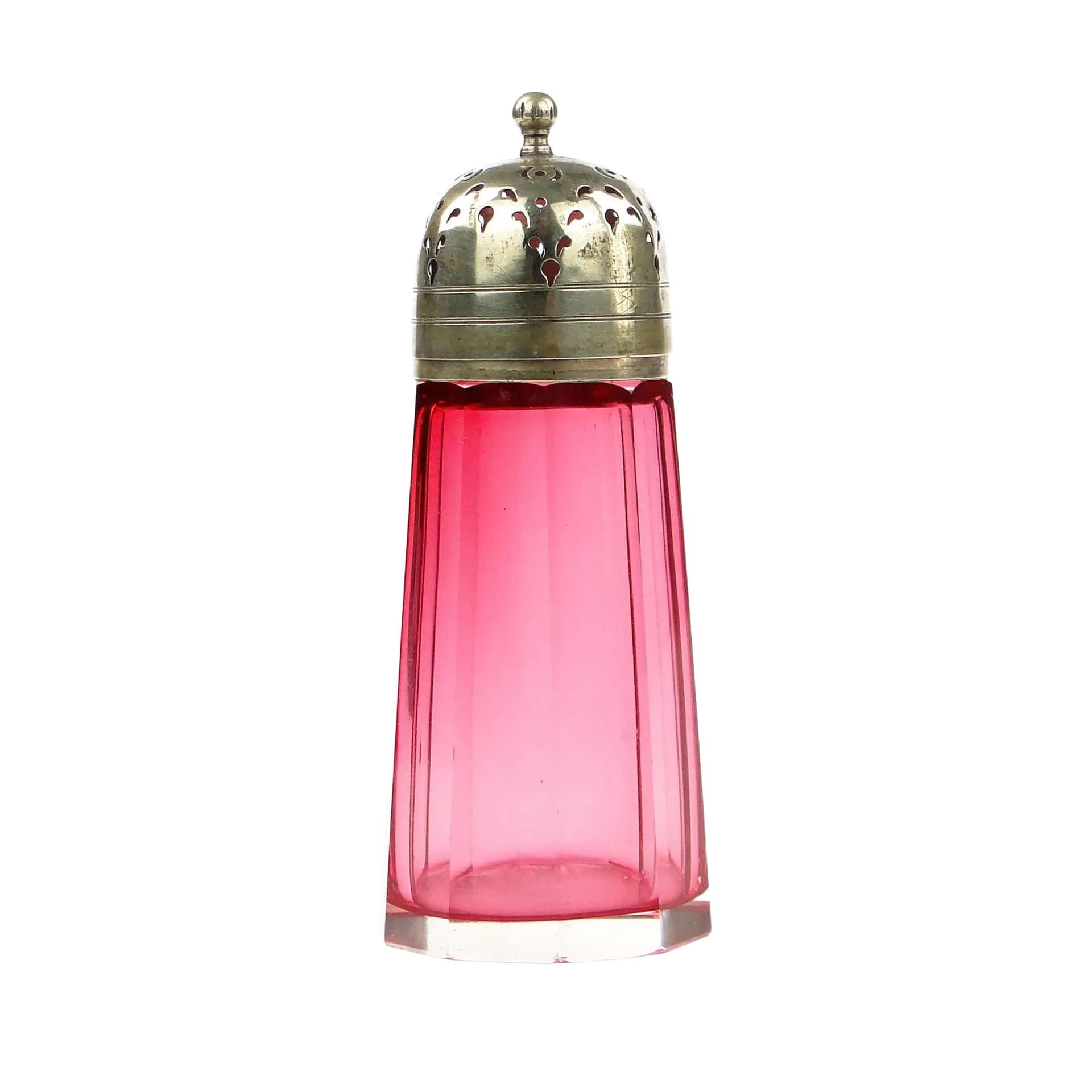 Sugar Shaker, pink crystal, silver metal, early 20th century