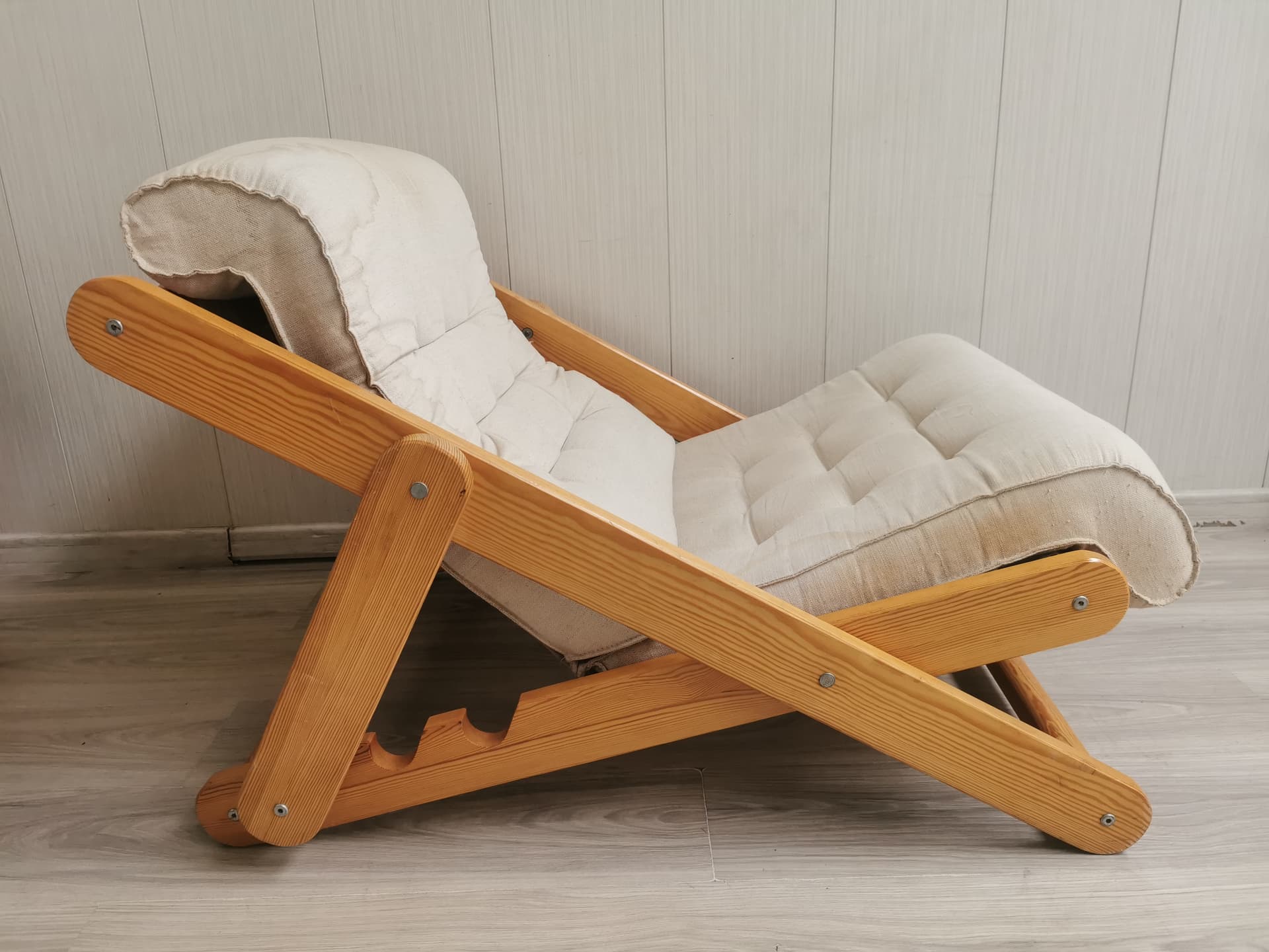 Fotel Kontiki, drewno brązowy, len beżowy, proj. G. Lundgren, Ikea, Szwecja, lata 80. - 401123