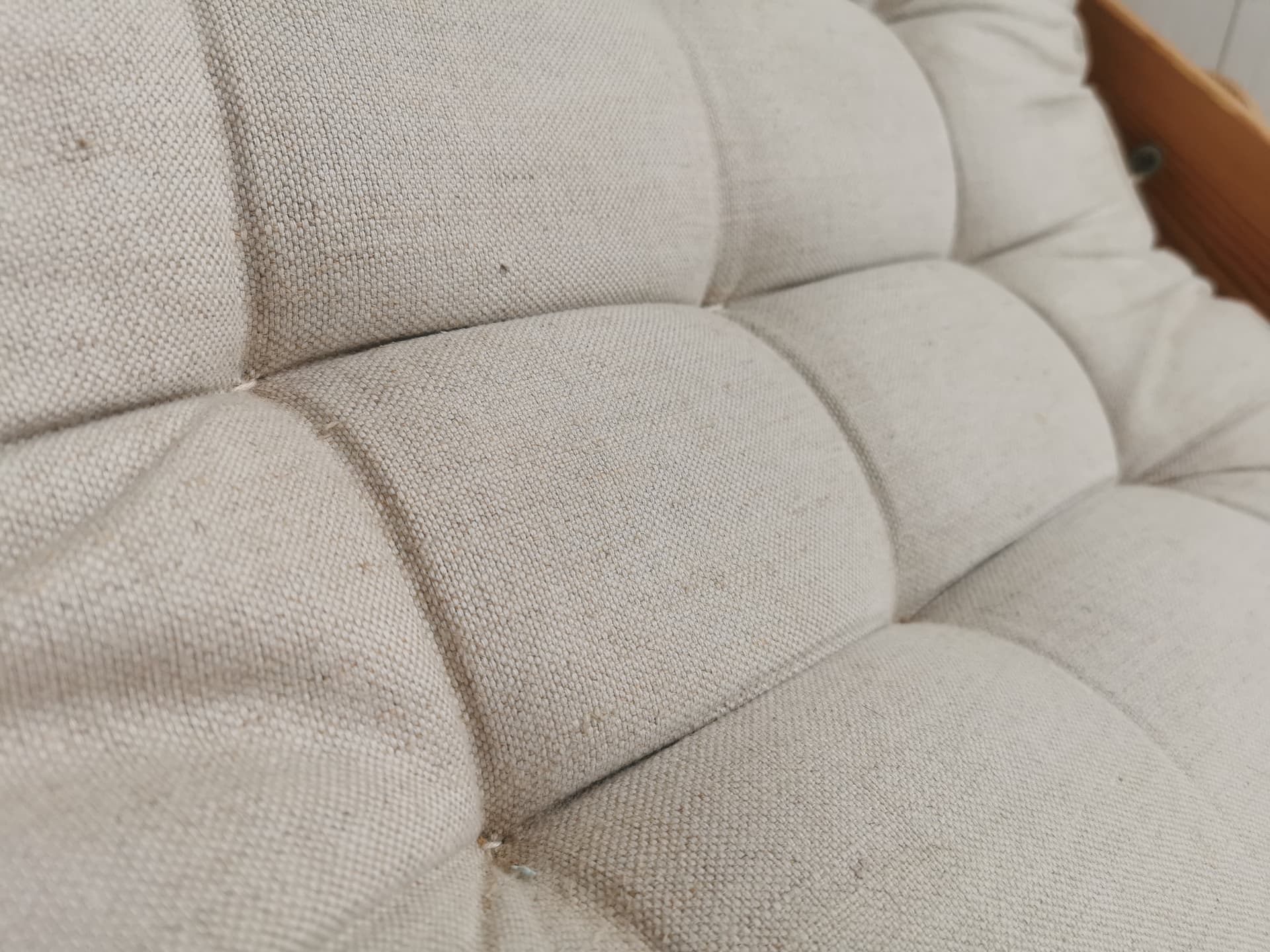 Fotel Kontiki, drewno brązowy, len beżowy, proj. G. Lundgren, Ikea, Szwecja, lata 80. - 401127