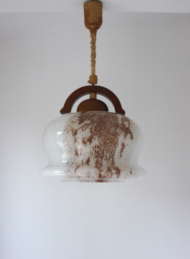 Lampa wisząca, szkło Murano biały brązowy, drewno, lata 70. - WYMIARY
