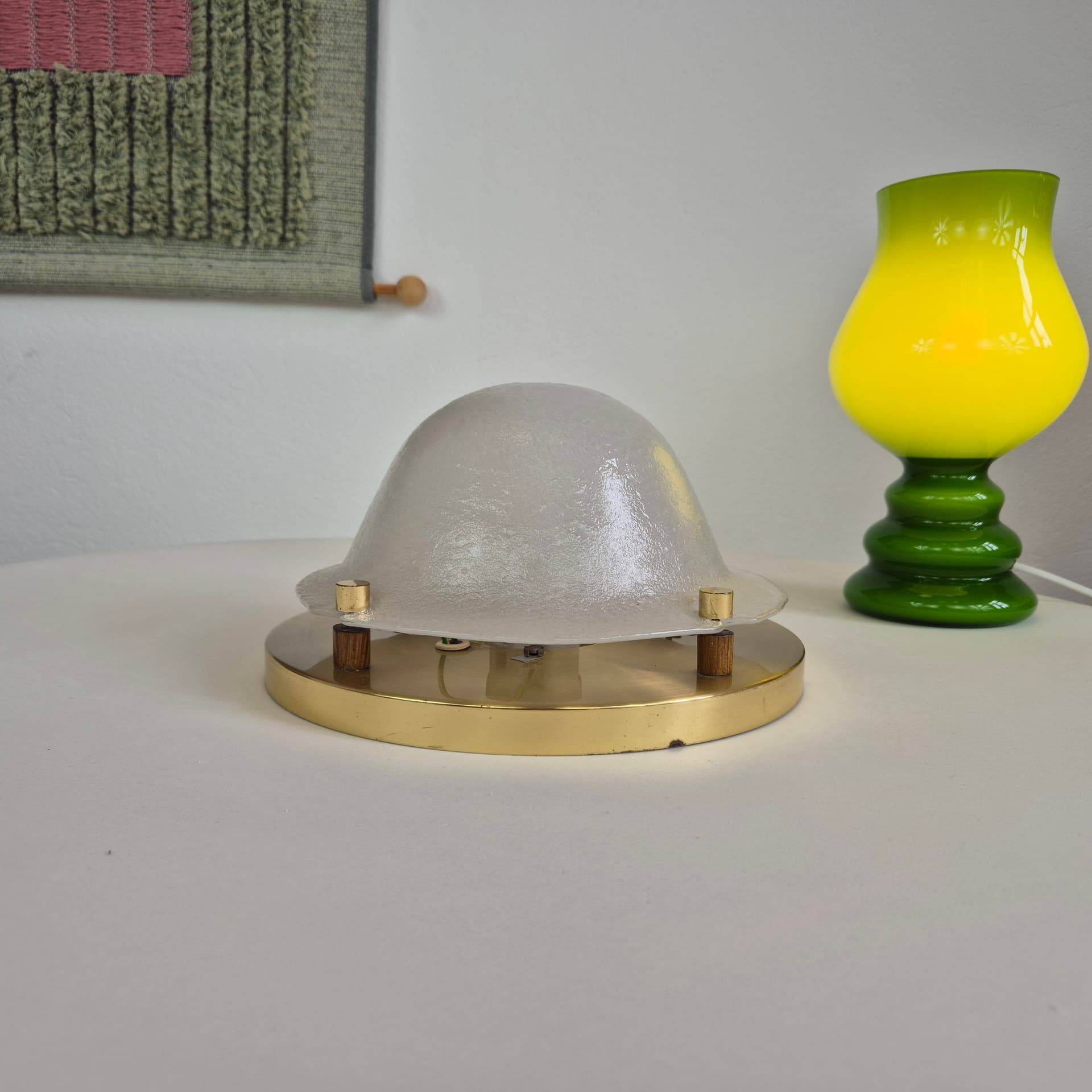 Ceiling Lamp Glashütte, white glass, golden brass, Limburg, Germany, 1970s. - 401218