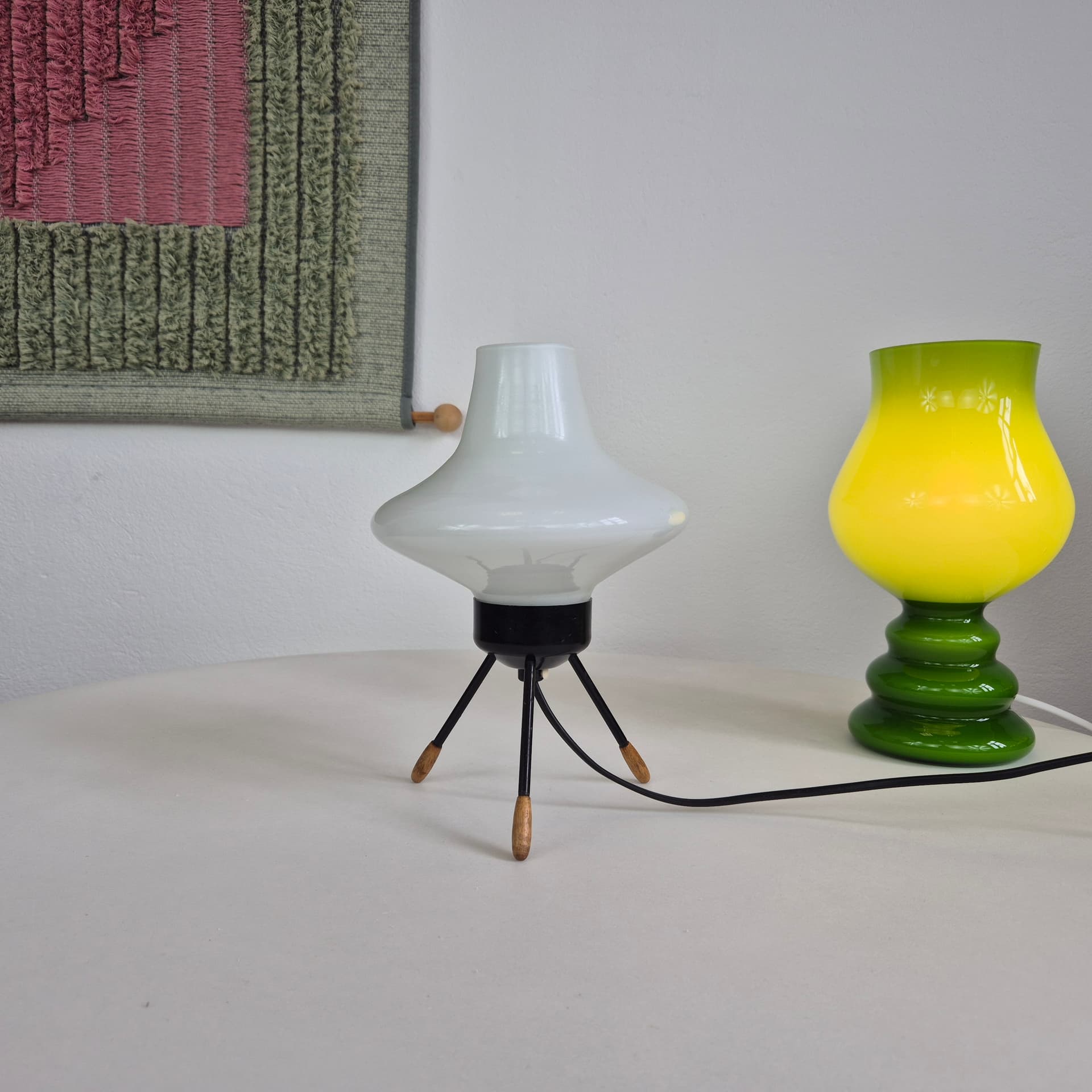 Table lamp type 1155, white glass, black metal, brown wood, by A. Gałecki, Poland, 1960s. - 401285