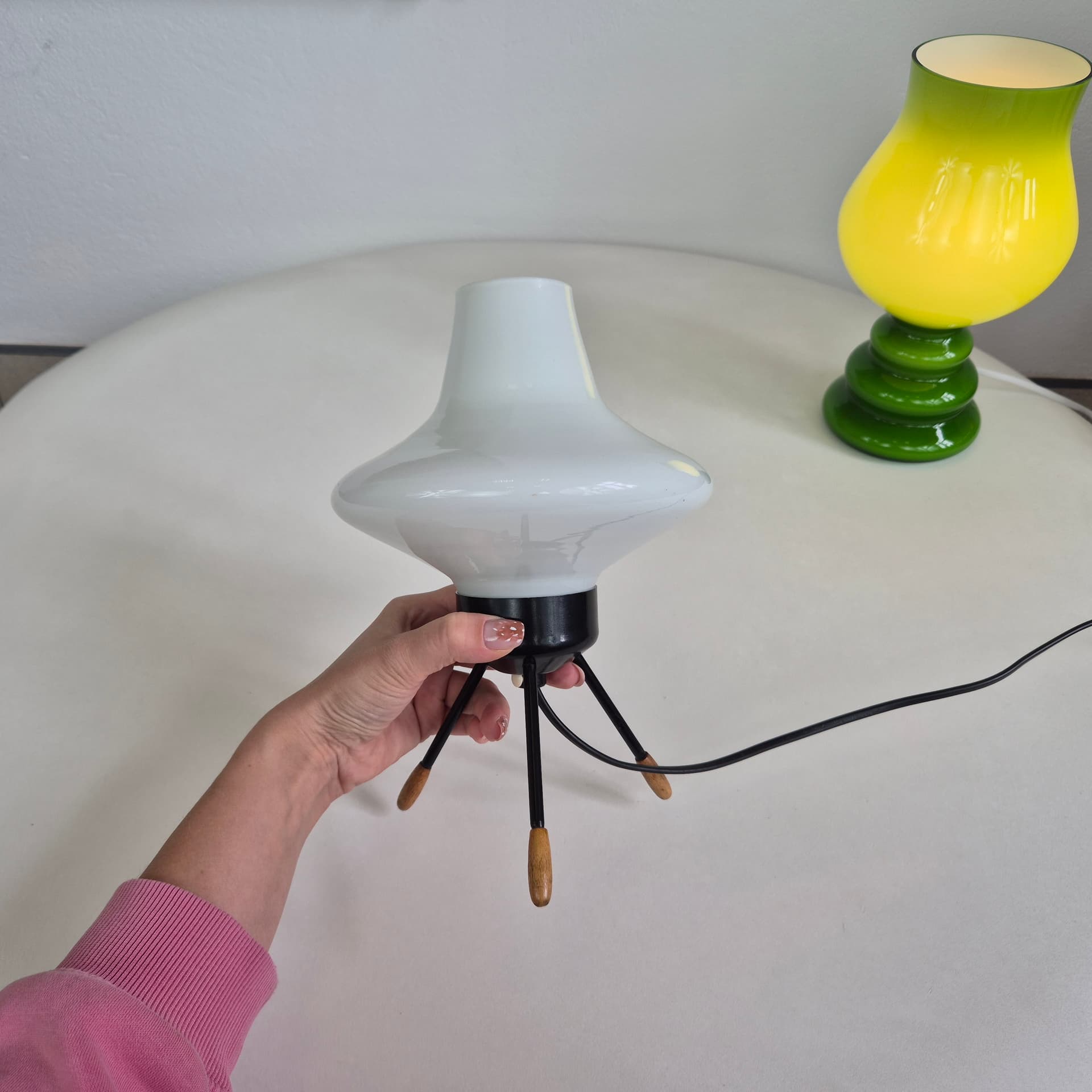 Table lamp type 1155, white glass, black metal, brown wood, by A. Gałecki, Poland, 1960s. - 401281